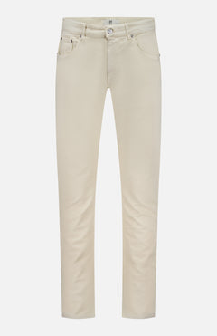 A pair of PT TORINO Cotton & Cashmere Stretch Tricotine Jeans in Stone displayed against a plain white background. Made in Italy, these slim-fit jeans feature a classic 5-pocket design with belt loops and a button closure at the waist.