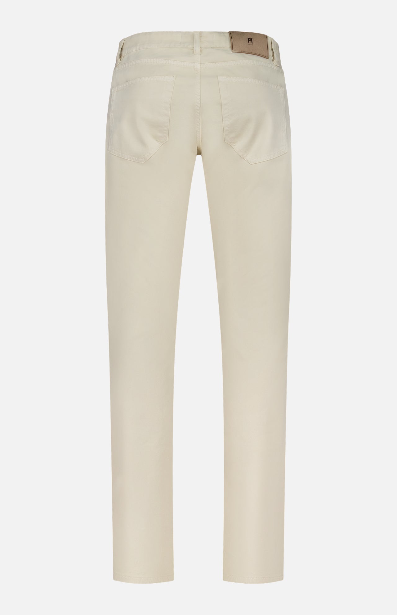 Back view of the PT TORINO Cotton & Cashmere Stretch Tricotine Jeans in Stone, featuring a classic 5-pocket design with two back pockets, straight legs, and a brown patch on the waistband. Crafted in Italy from a beige cotton-cashmere blend, these jeans are displayed against a plain white background.