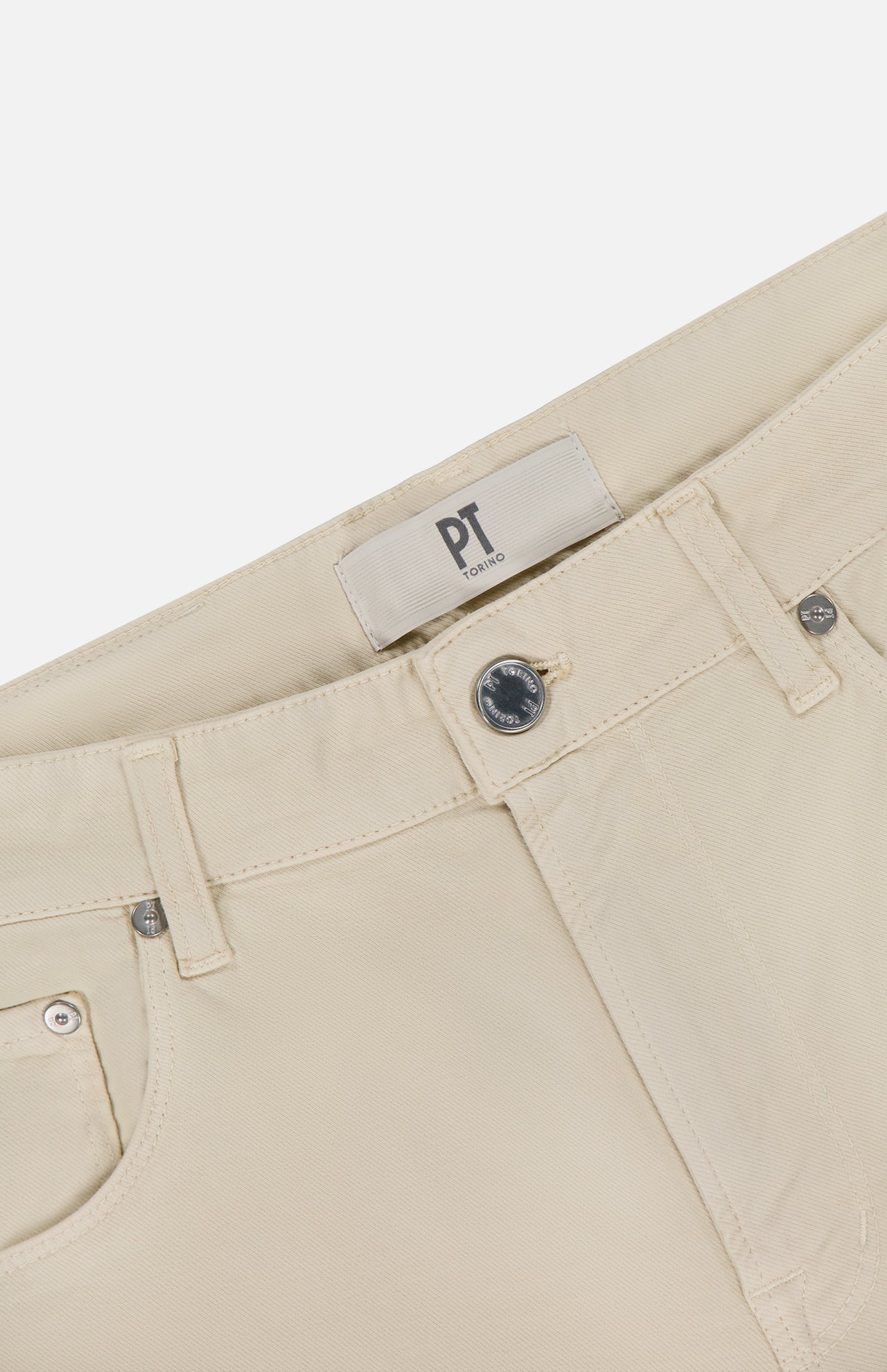 Close-up of the waistband and upper front of the Cotton & Cashmere Stretch Tricotine Jeans in Stone by PT TORINO, featuring a button closure, belt loops, and a PT TORINO label. Expertly crafted in Italy, these jeans combine cotton and cashmere in a refined 5-pocket design for elevated everyday style.