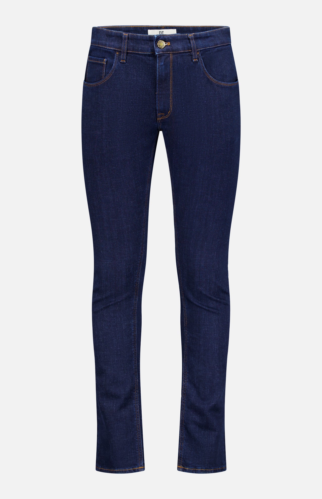 PT TORINO Cotton Denim Stretch Jeans in dark blue feature classic five-pocket styling, gold button closure, and contrast stitching, shown on a plain white background.