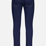 PT TORINO Cotton Denim Stretch Jeans in dark blue, seen from the back, offer a slim fit leg, two rear pockets, tan stitching, and a brown leather patch on the waistband. Crafted from stretch cotton denim for comfort.