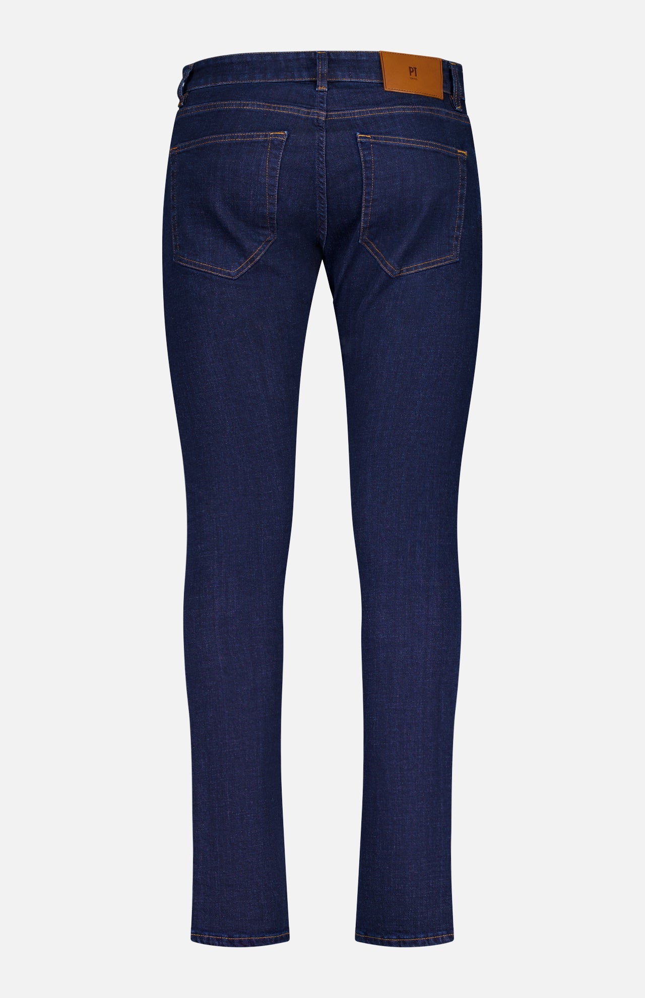 PT TORINO Cotton Denim Stretch Jeans in dark blue, seen from the back, offer a slim fit leg, two rear pockets, tan stitching, and a brown leather patch on the waistband. Crafted from stretch cotton denim for comfort.