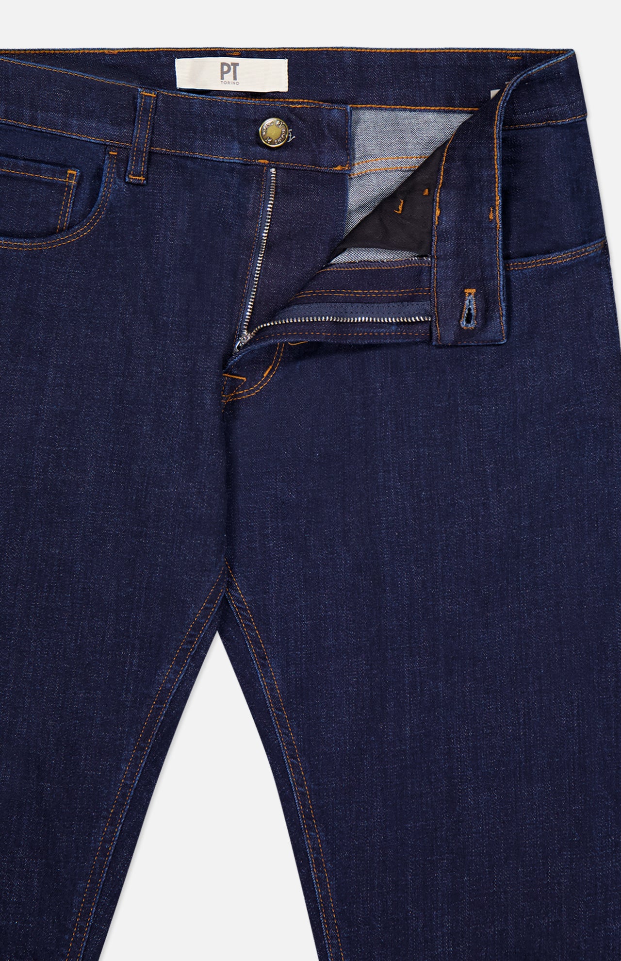 Dark blue PT TORINO Cotton Denim Stretch Jeans with orange stitching, partially unzipped to show the zipper, fly, metal waistband button, and inside label featuring classic Italian style and craftsmanship.