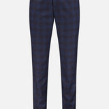 The PT TORINO Demi Foule’ Fancy Wool Trouser Pants feature a blue and black plaid design in a slim fit, made from fleece wool. Shown front-facing against a white background, perfect for professional style.