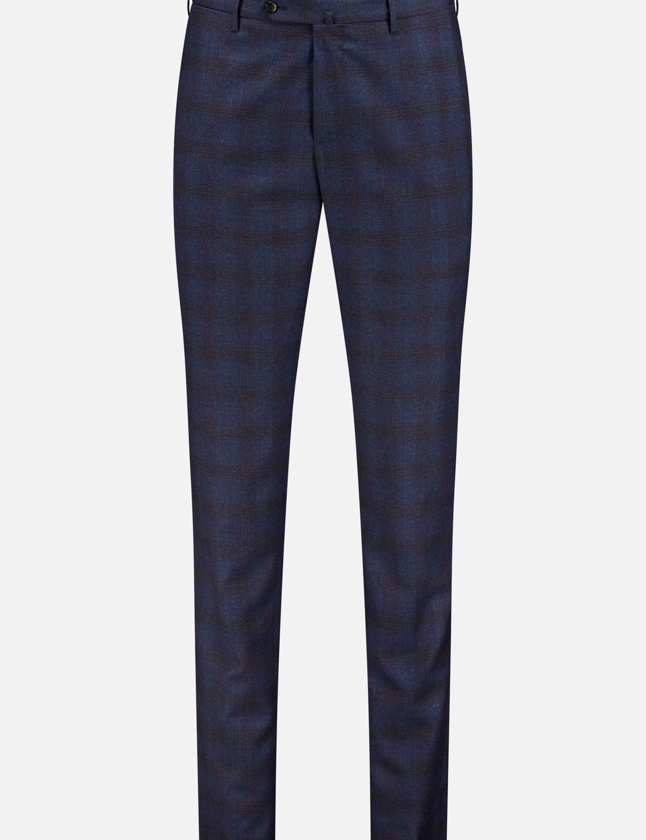 The PT TORINO Demi Foule’ Fancy Wool Trouser Pants feature a blue and black plaid design in a slim fit, made from fleece wool. Shown front-facing against a white background, perfect for professional style.