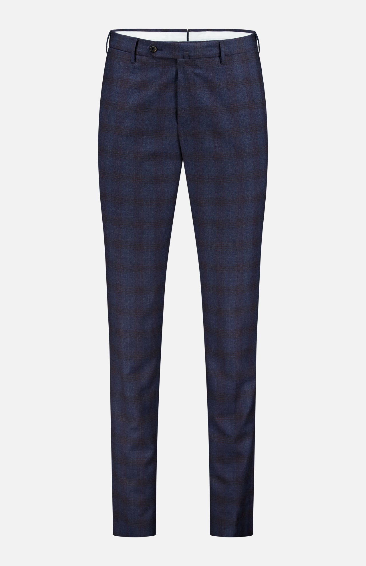 The PT TORINO Demi Foule’ Fancy Wool Trouser Pants feature a blue and black plaid design in a slim fit, made from fleece wool. Shown front-facing against a white background, perfect for professional style.