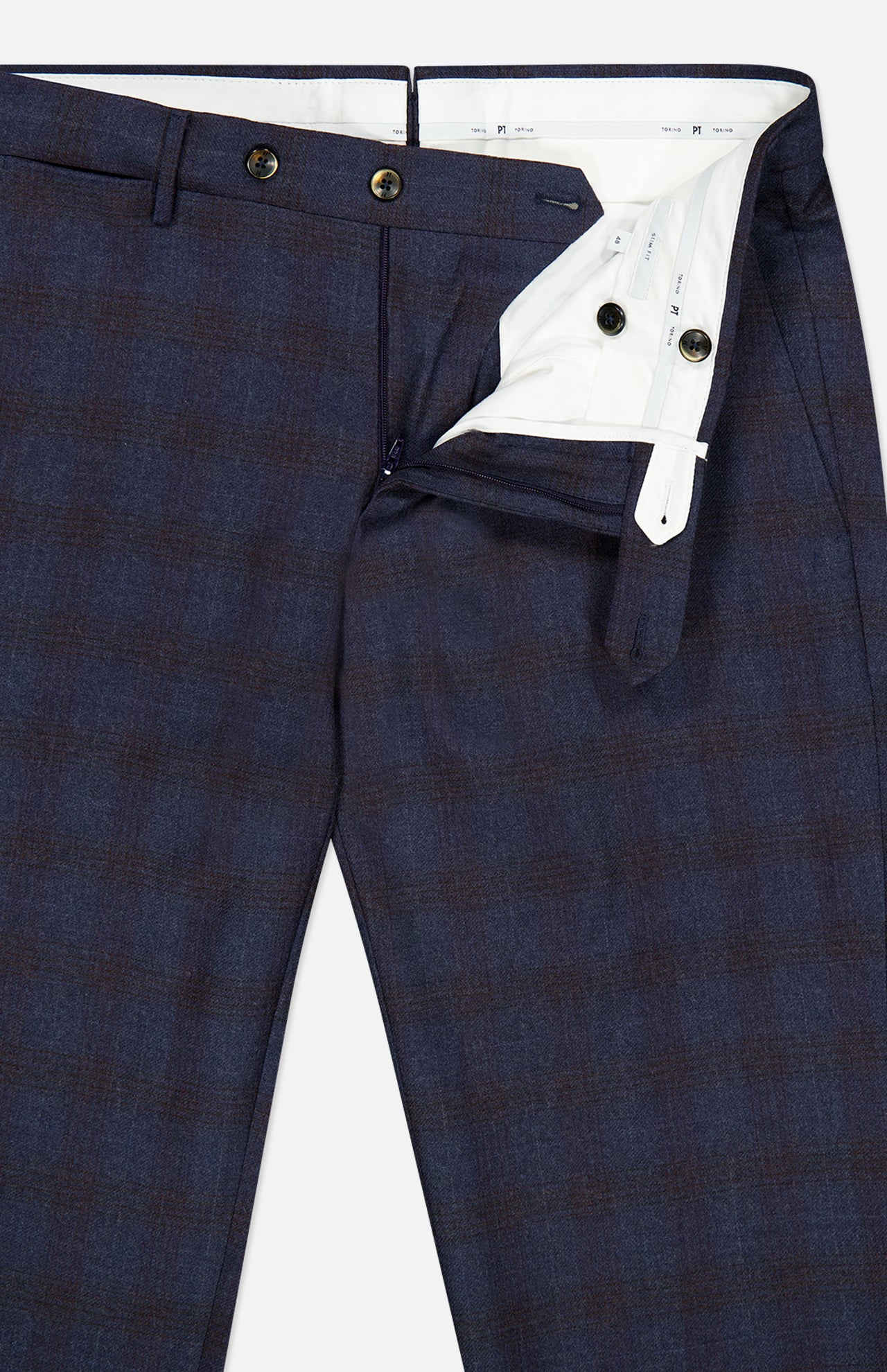 The Demi Foule’ Fancy Wool Trouser Pants by PT TORINO feature a navy blue plaid design, tailored slim fit, partially open front with white lining, button details, and zipper fly—ideal for modern professional style.