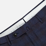 Close-up of the waistband and upper section of Demi Foule’ Fancy Wool Trouser Pants by PT TORINO, showcasing dark blue slim fit, button closure, belt loops, and white inner lining on a light background.