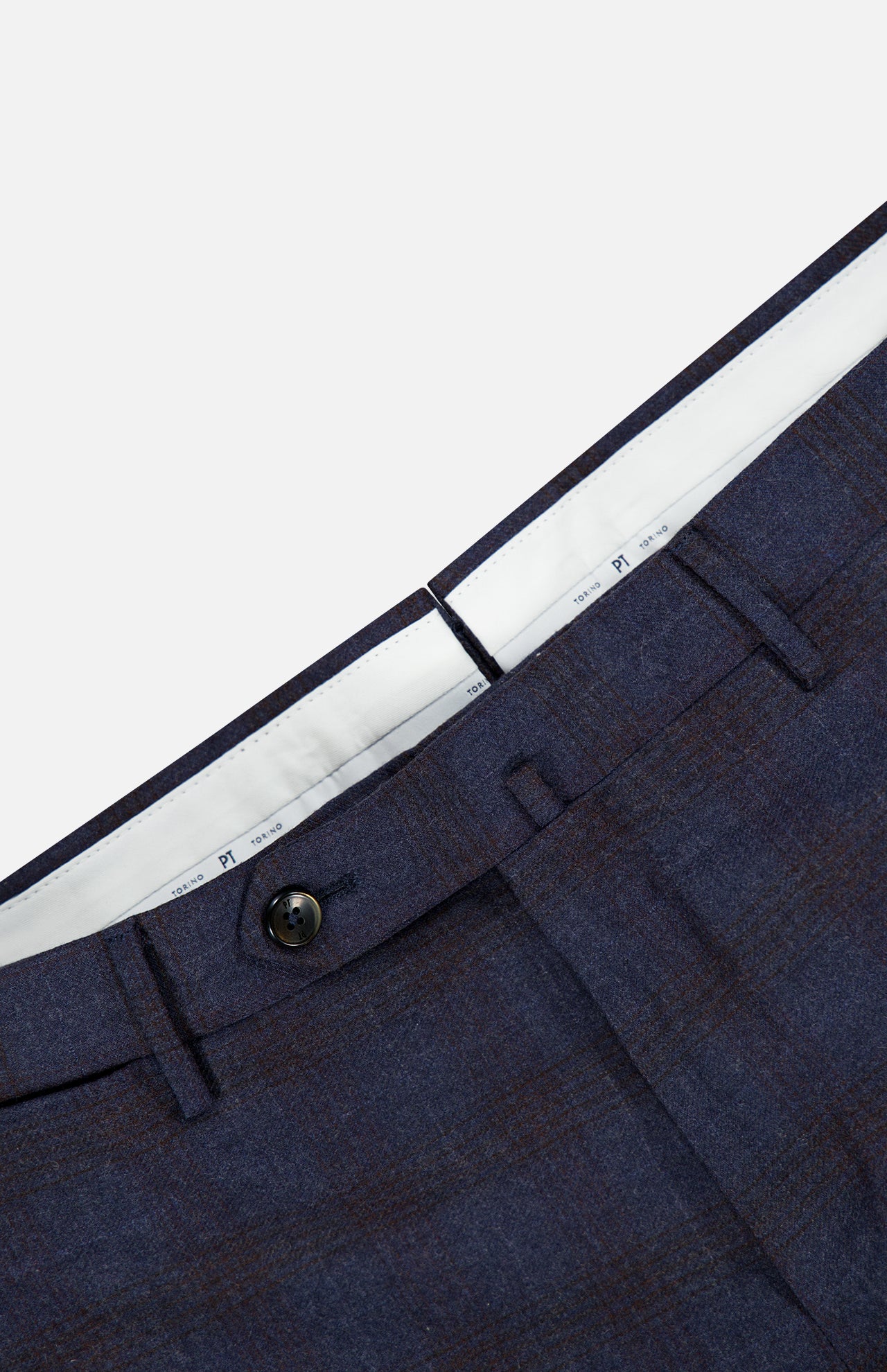 Close-up of the waistband and upper section of Demi Foule’ Fancy Wool Trouser Pants by PT TORINO, showcasing dark blue slim fit, button closure, belt loops, and white inner lining on a light background.