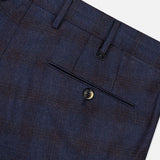 Close-up of PT TORINO Demi Foule’ Fancy Wool Trouser Pants in dark blue, highlighting a back pocket with button closure, belt loops, and waistband—ideal for professional wear.