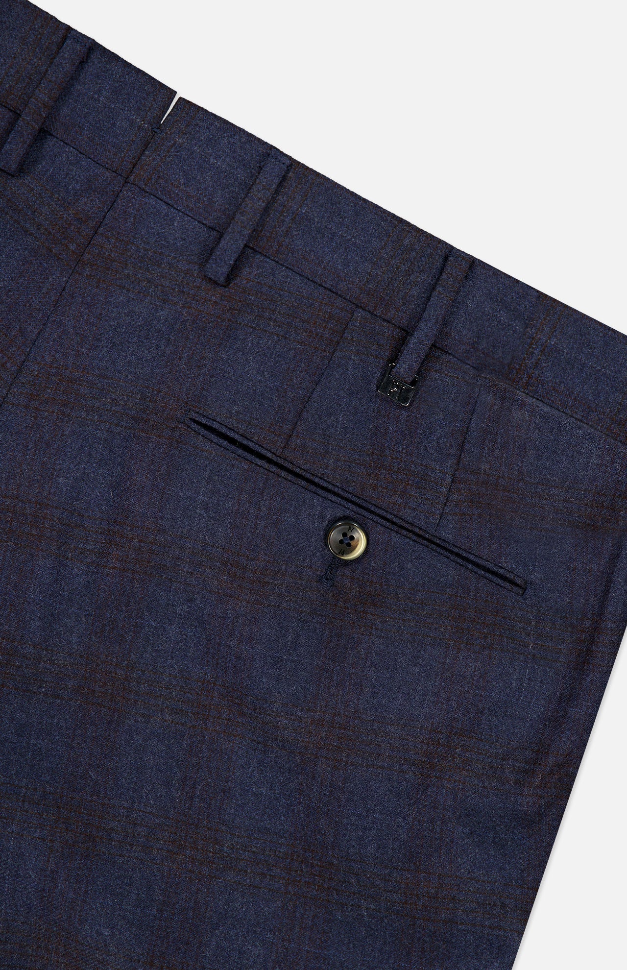 Close-up of PT TORINO Demi Foule’ Fancy Wool Trouser Pants in dark blue, highlighting a back pocket with button closure, belt loops, and waistband—ideal for professional wear.