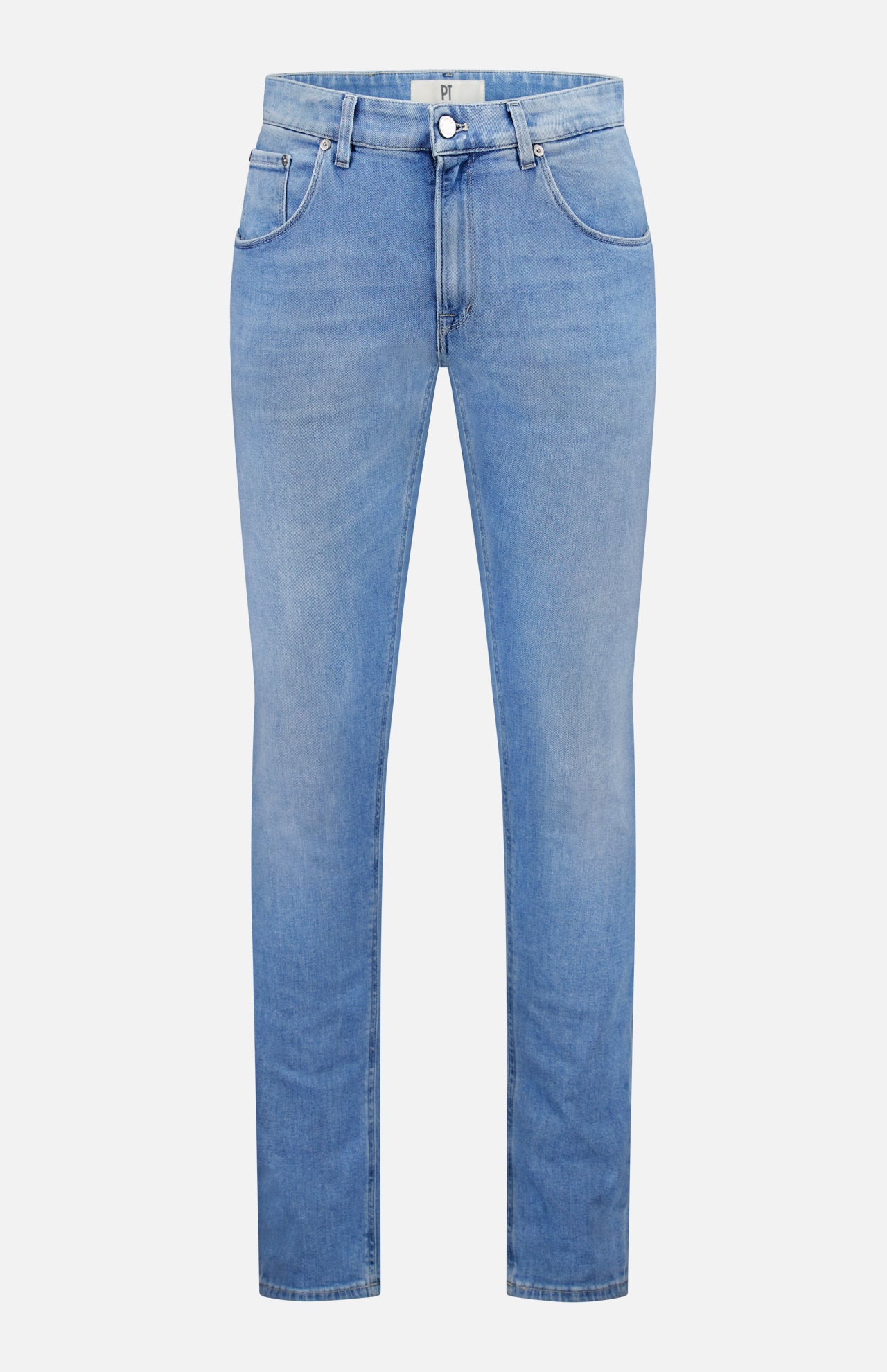 PT TORINO Denim Stretch Jeans feature a classic five-pocket design, belt loops, and button closure for a vintage look. Made in Italy, these light blue jeans are displayed on a white background.