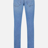 Back view of PT TORINO Denim Stretch Jeans in light blue, featuring two rear pockets, belt loops, and a brown leather patch on the waistband for a vintage look, displayed against a white background.