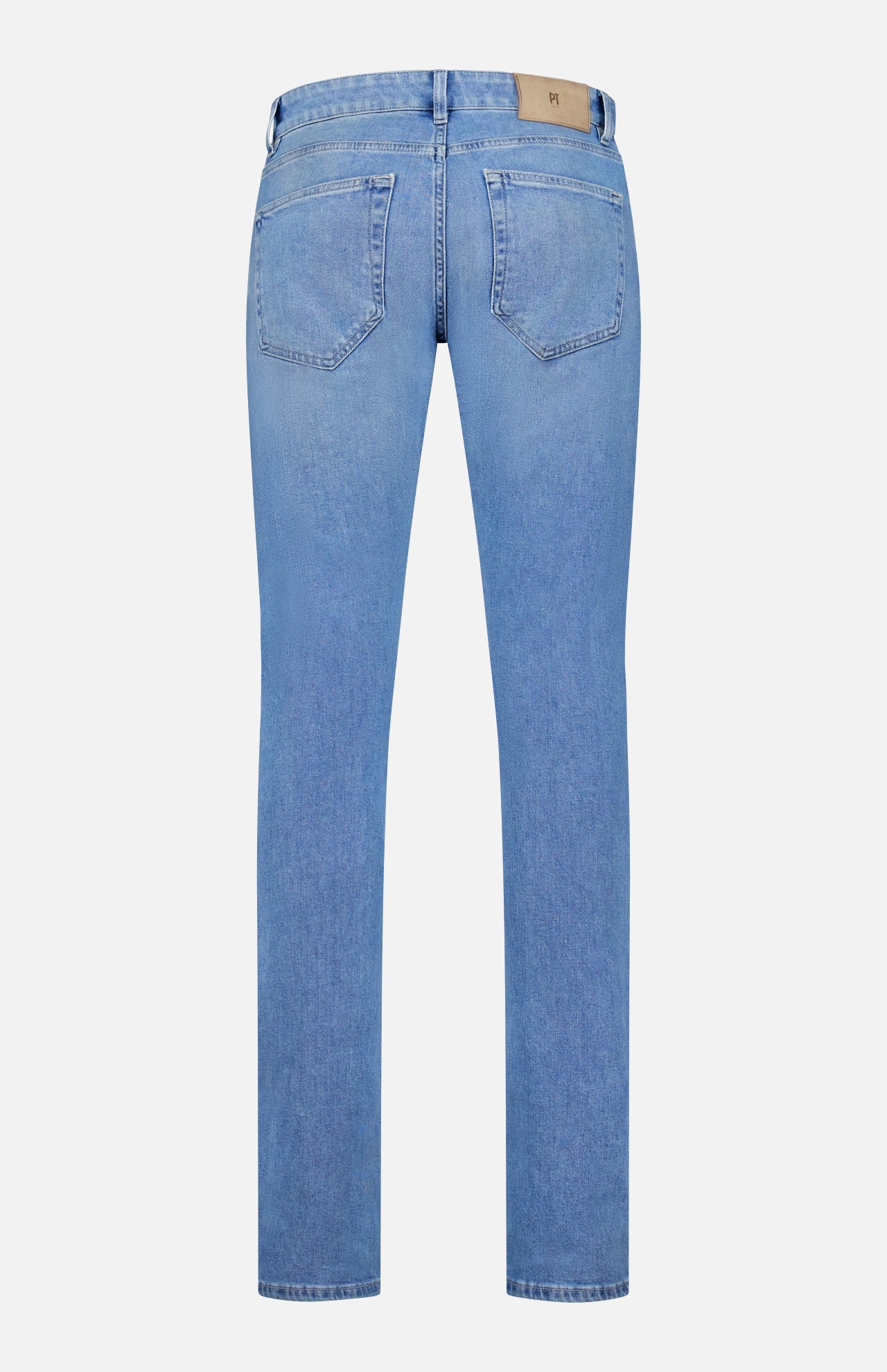 Back view of PT TORINO Denim Stretch Jeans in light blue, featuring two rear pockets, belt loops, and a brown leather patch on the waistband for a vintage look, displayed against a white background.