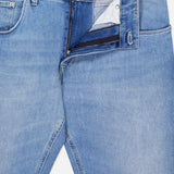 Close-up of PT TORINO Denim Stretch Jeans in light blue with open zipper and button fly, revealing the inside waistband and pockets against a white background.