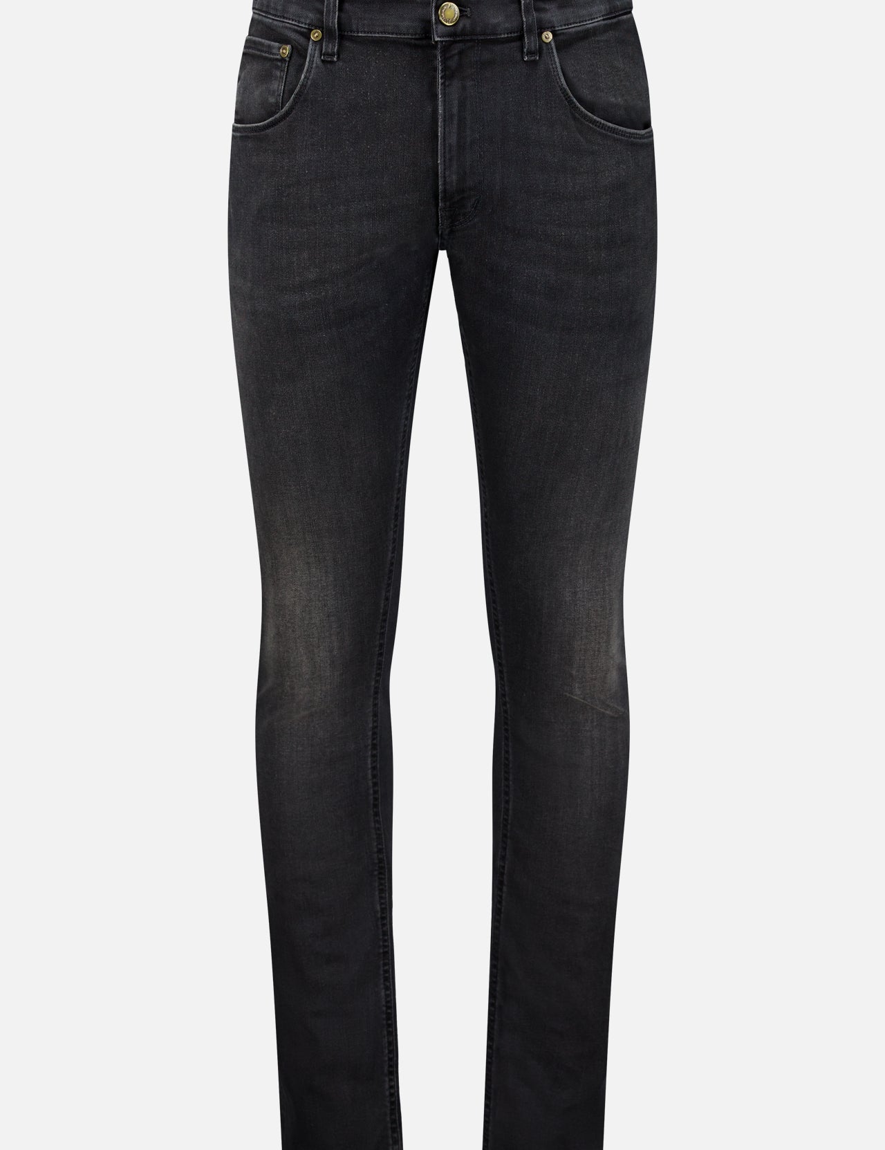 Introducing the PT TORINO Jazz Denim Stretch Jeans: a pair of premium black slim-fit jeans crafted from stretch denim, featuring front and back pockets, a button and zip fly closure, and subtle fading on the thighs.