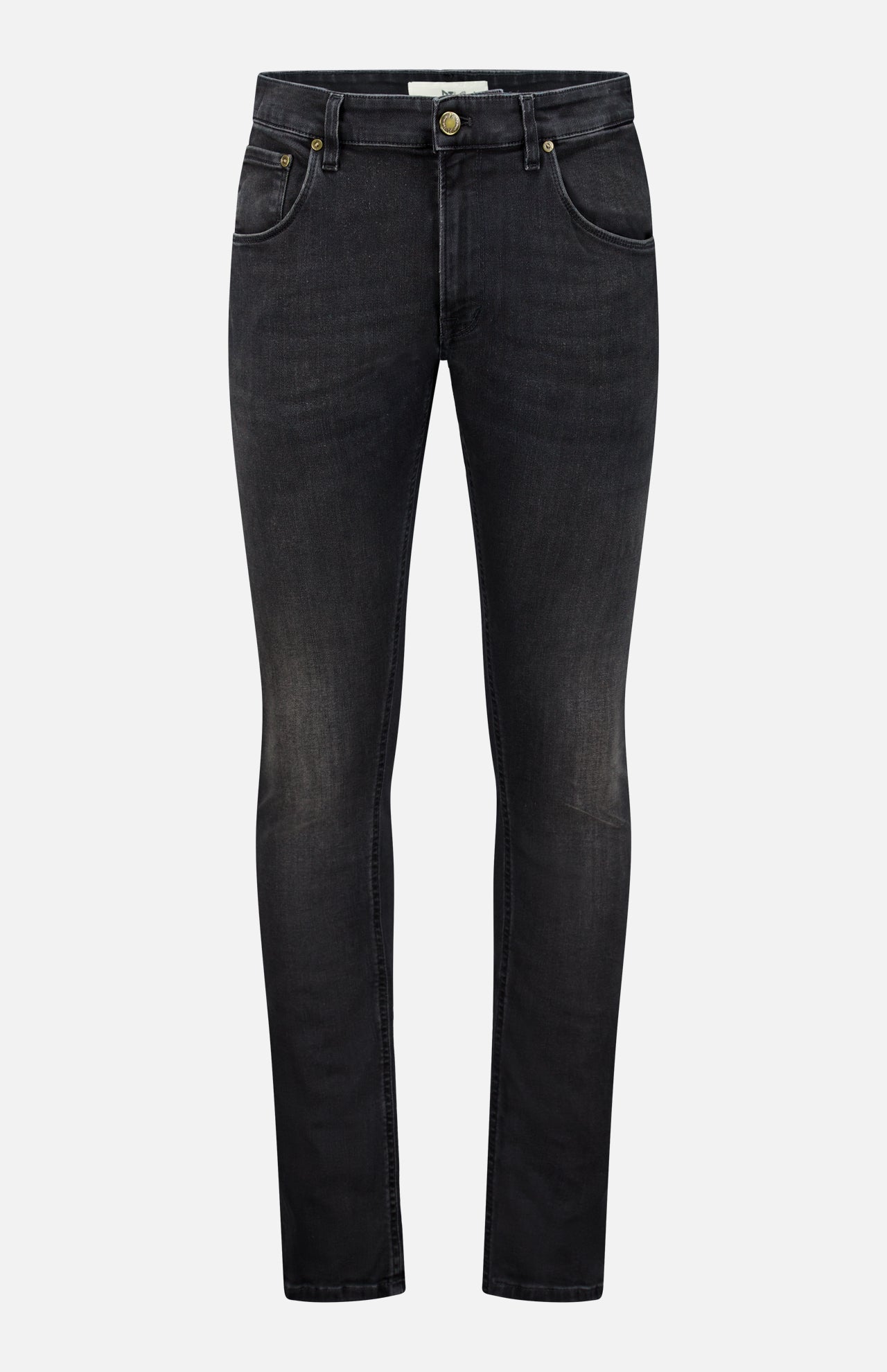 Introducing the PT TORINO Jazz Denim Stretch Jeans: a pair of premium black slim-fit jeans crafted from stretch denim, featuring front and back pockets, a button and zip fly closure, and subtle fading on the thighs.