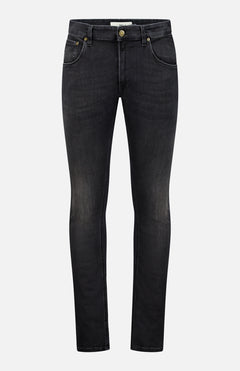 Introducing the PT TORINO Jazz Denim Stretch Jeans: a pair of premium black slim-fit jeans crafted from stretch denim, featuring front and back pockets, a button and zip fly closure, and subtle fading on the thighs.