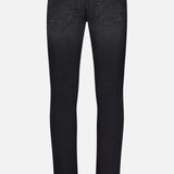 Back view of the PT TORINO Jazz Denim Stretch Jeans in black, featuring two rear pockets and a tan leather patch on the waistband, displayed against a white background—these stretch jeans combine style with comfort.