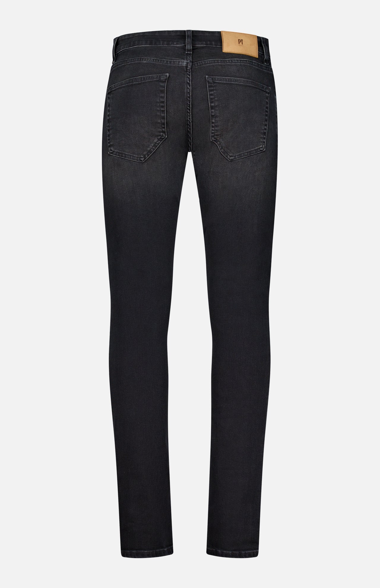 Back view of the PT TORINO Jazz Denim Stretch Jeans in black, featuring two rear pockets and a tan leather patch on the waistband, displayed against a white background—these stretch jeans combine style with comfort.