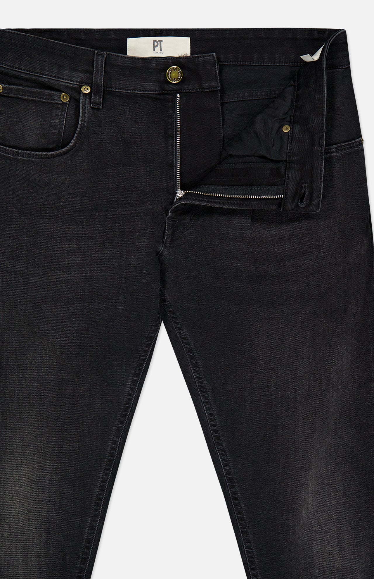 A pair of PT TORINO Jazz Denim Stretch Jeans in black, featuring a partially open zipper that reveals the waistband and front pockets, accented with gold-toned button and rivet details.