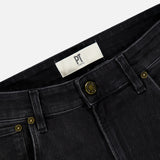 Close-up of the waistband and front pockets of PT TORINO Jazz Denim Stretch Jeans in black denim, featuring brass rivets, a button closure, belt loops, and a white inner label reading PT TORINO. The classic details give these stretch jeans a timeless yet comfortable appeal.