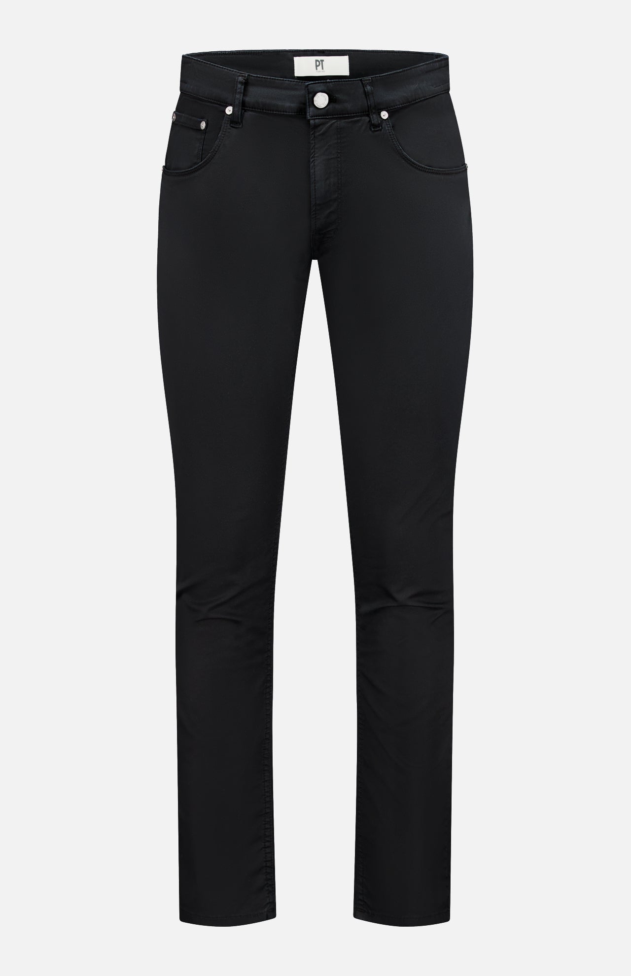 Jazz Soft Stretch Gabardine Jeans by PT TORINO in black, slim-fit style with classic 5-pocket design, belt loops, and button closure are shown against a white background.