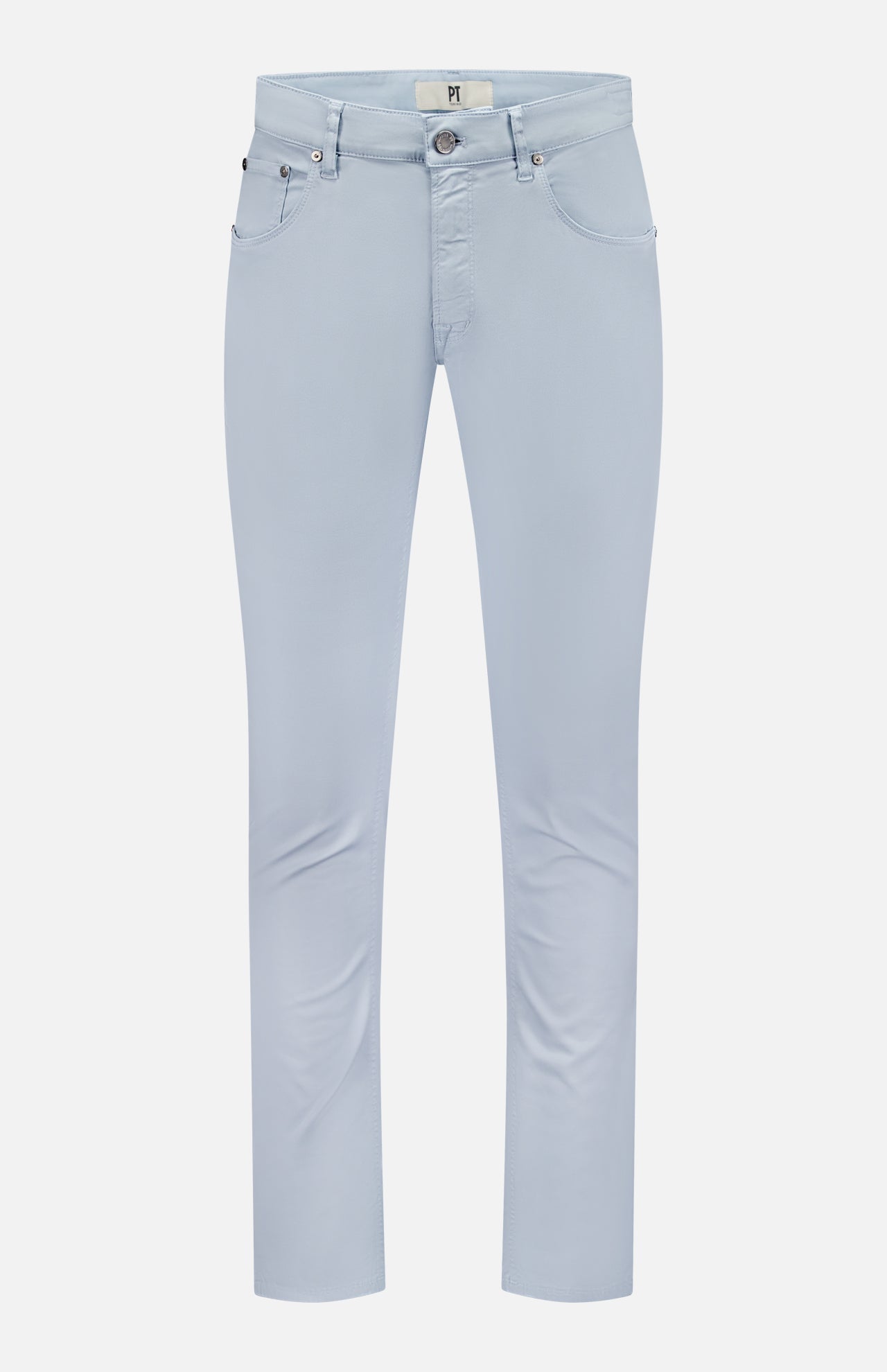 The PT TORINO Jazz Soft Stretch Gabardine Jeans in Grigio are slim-fit men's jeans featuring five pockets, a button and zip closure, and belt loops, shown against a plain white background.