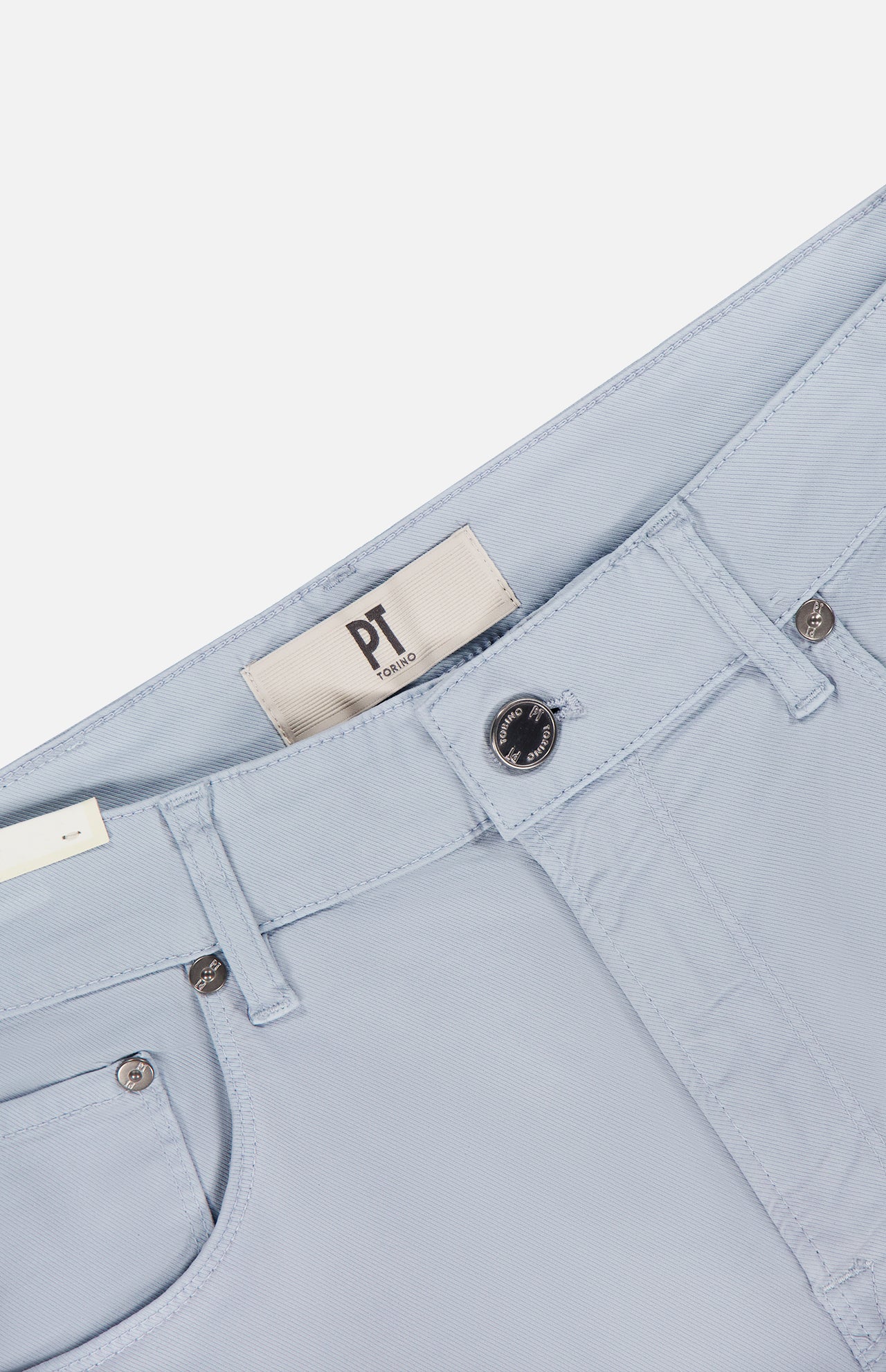 Close-up of Jazz Soft Stretch Gabardine Jeans in Grigio by PT TORINO, showing waistband, belt loops, front button, pockets, and inner label—expertly crafted in Italy.