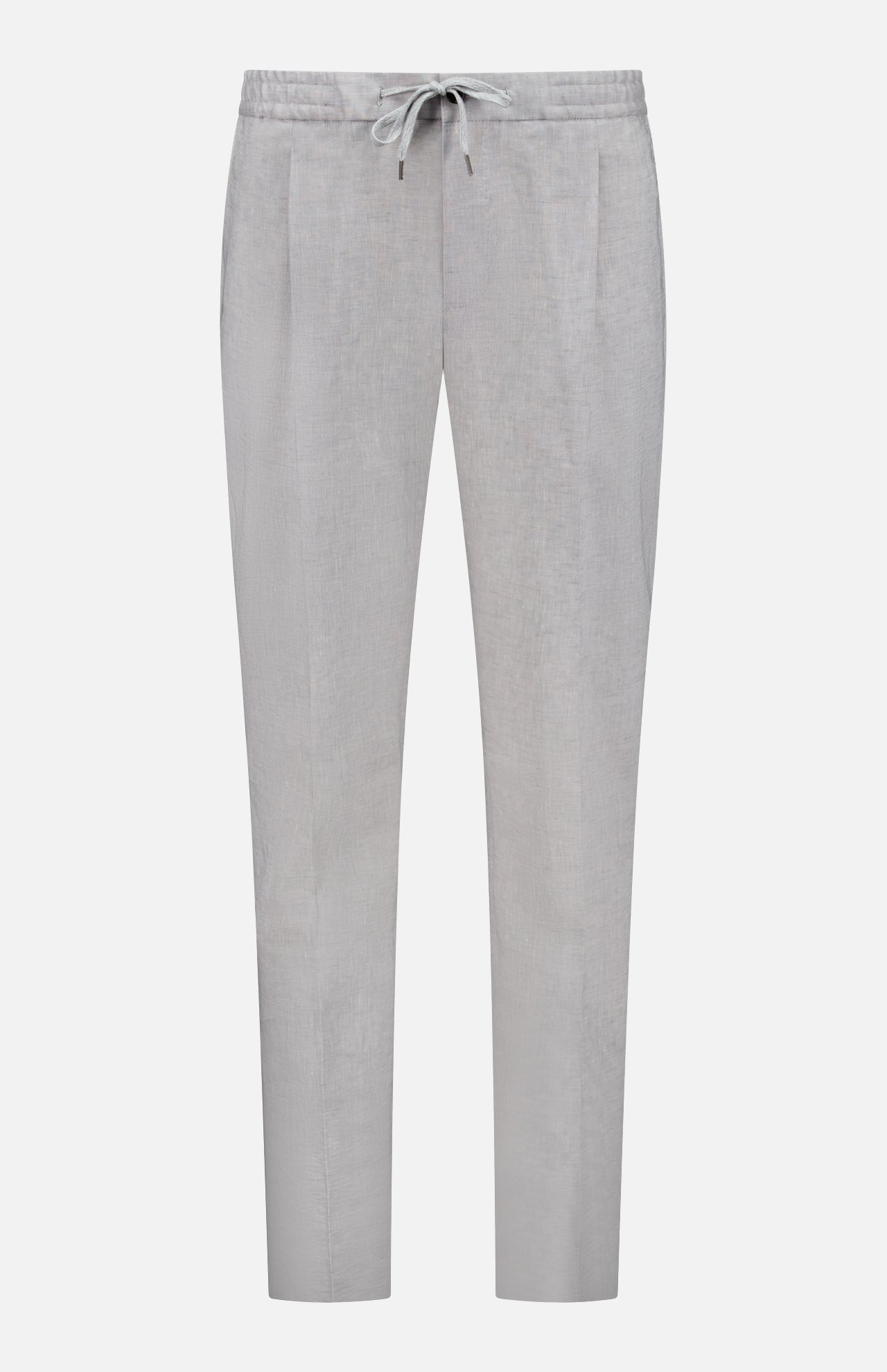 The PT TORINO Linen Comfort Jogger is a light grey men's pant with a relaxed fit, elastic waistband, front drawstring tie, subtle front pleats, and straight legs, shown on a plain white background.