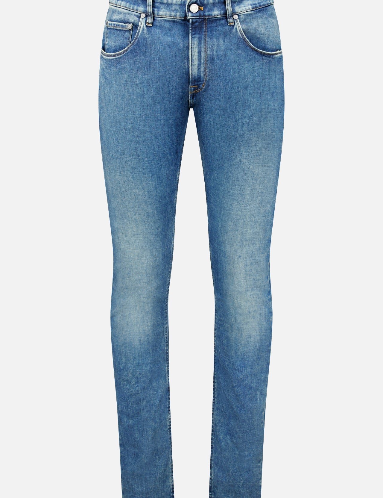 Introducing the New Denim 5-Pocket Jeans by PT TORINO: These slim-fit jeans are crafted from stretch denim and designed with a classic button and zipper closure. Featuring both front and back pockets, the fabric showcases stylish faded details on the thighs and knees for a contemporary look.