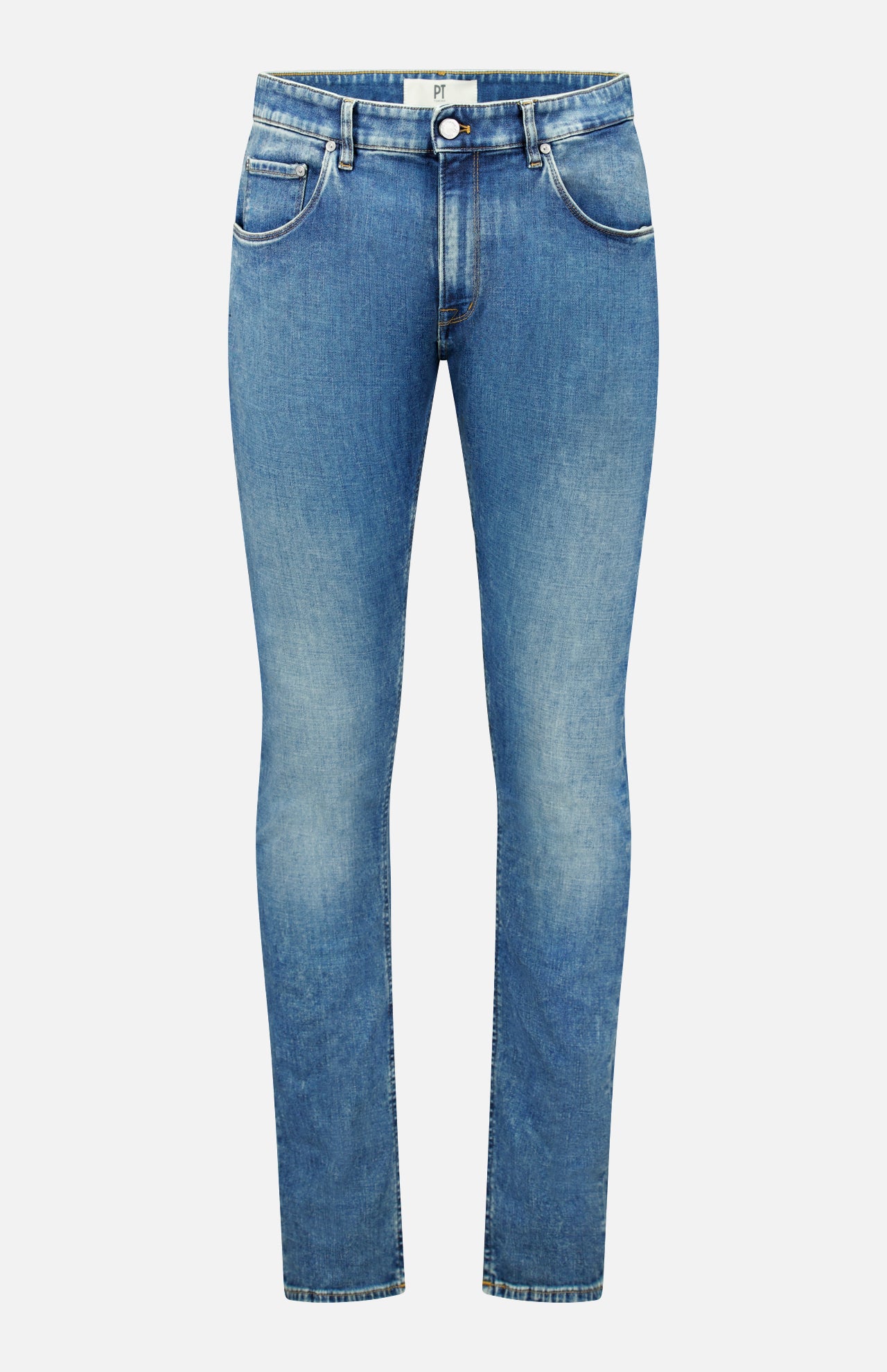 Introducing the New Denim 5-Pocket Jeans by PT TORINO: These slim-fit jeans are crafted from stretch denim and designed with a classic button and zipper closure. Featuring both front and back pockets, the fabric showcases stylish faded details on the thighs and knees for a contemporary look.