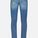 Back view of the PT TORINO New Denim 5-Pocket Jeans in classic blue, featuring two rear pockets, subtle fading details, and a tan leather patch on the waistband. Presented against a plain white background.