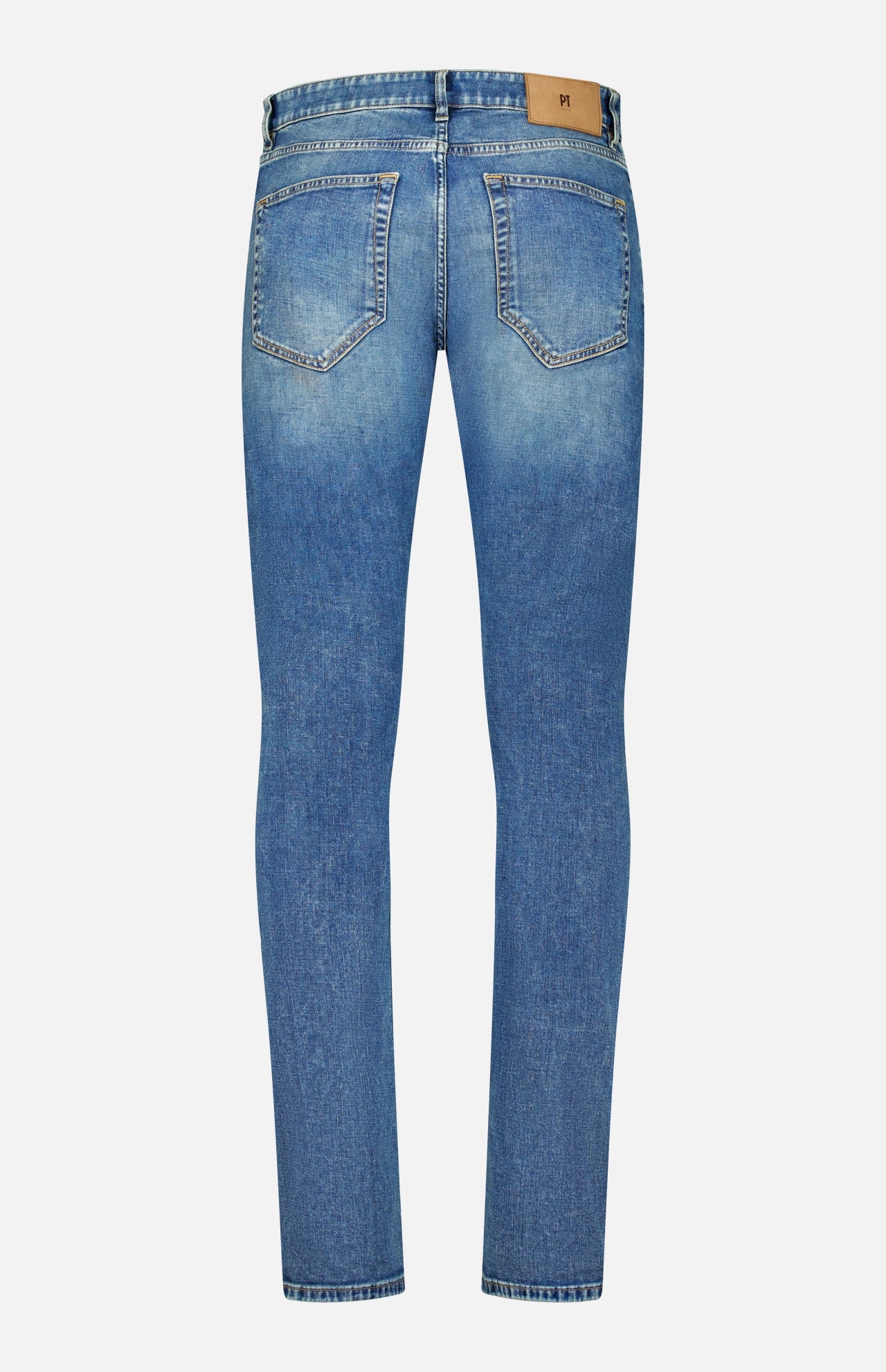 Back view of the PT TORINO New Denim 5-Pocket Jeans in classic blue, featuring two rear pockets, subtle fading details, and a tan leather patch on the waistband. Presented against a plain white background.