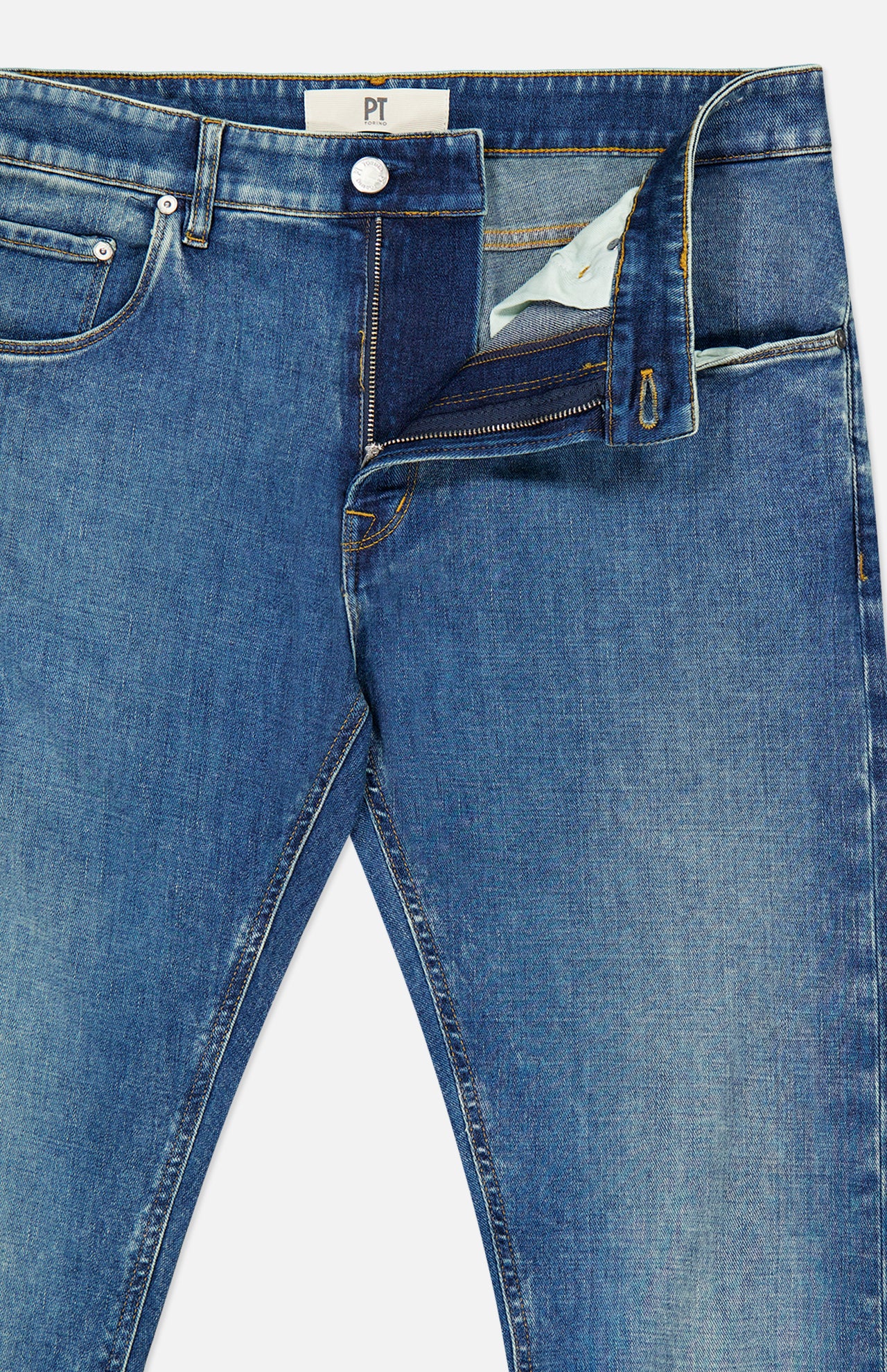 A pair of PT TORINO New Denim 5-Pocket Jeans with the zipper and top button undone, revealing the inside of the waistband and fly. The jeans are laid flat on a white background.