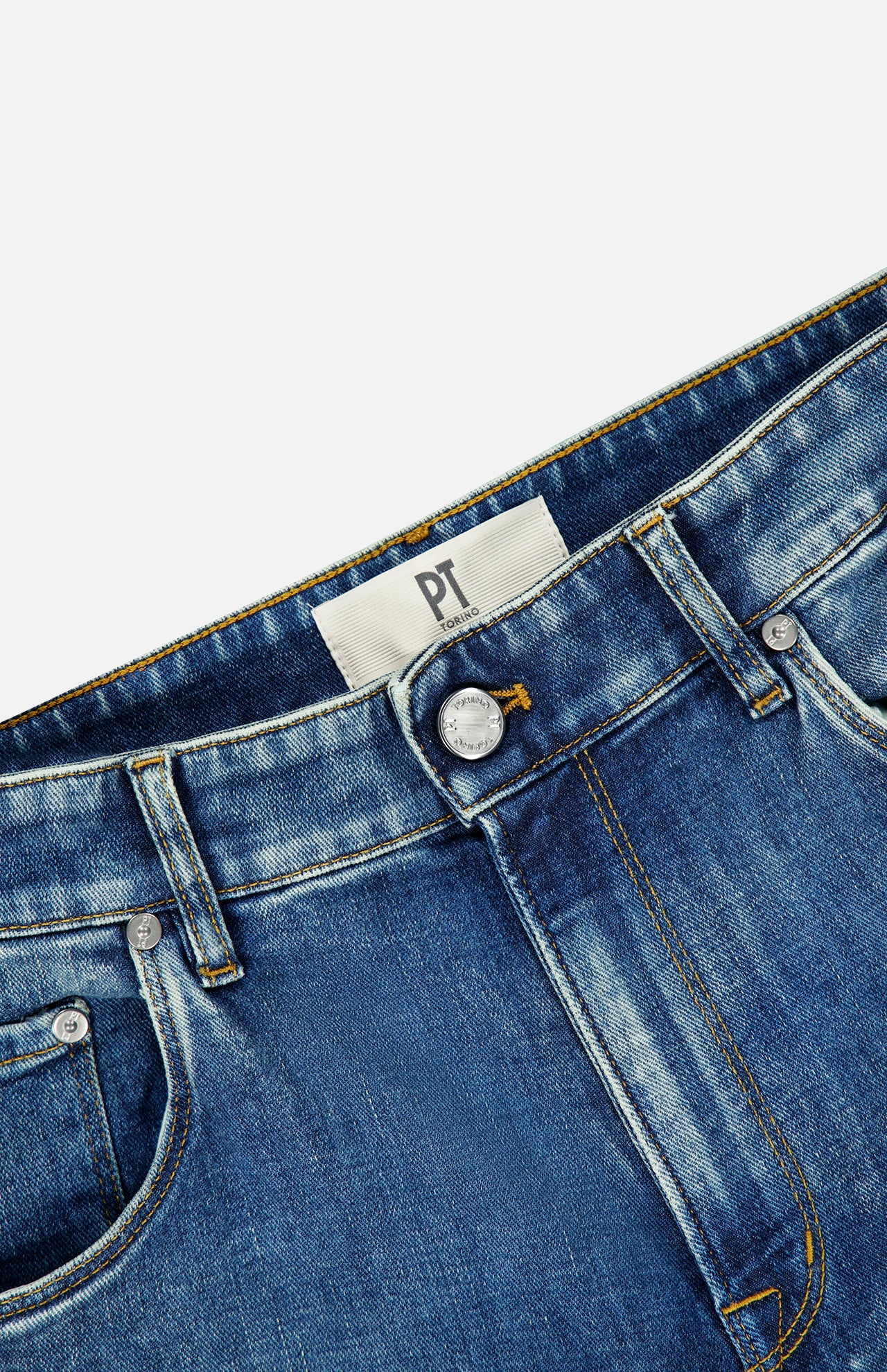 Close-up view of the New Denim 5-Pocket Jeans by PT TORINO, highlighting the waistband, button, belt loops, front pockets, and a white PT TORINO label on the inside.