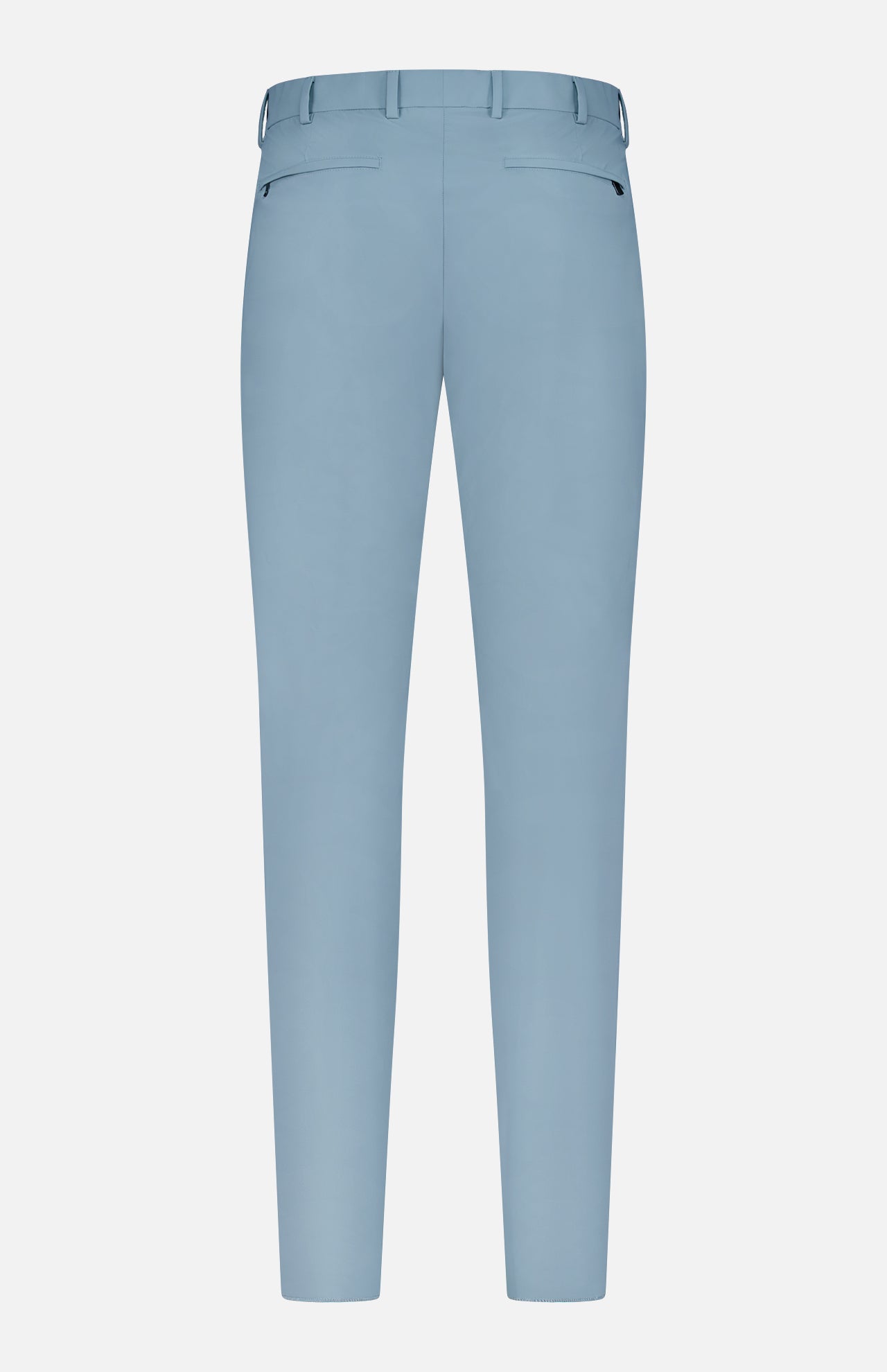 The PT TORINO Organic Kinetic Summer Trouser Pant is a pair of light blue, slim-fit dress pants shown from the back with belt loops, two buttoned back pockets, and stretch kinetic fabric for all-day comfort.