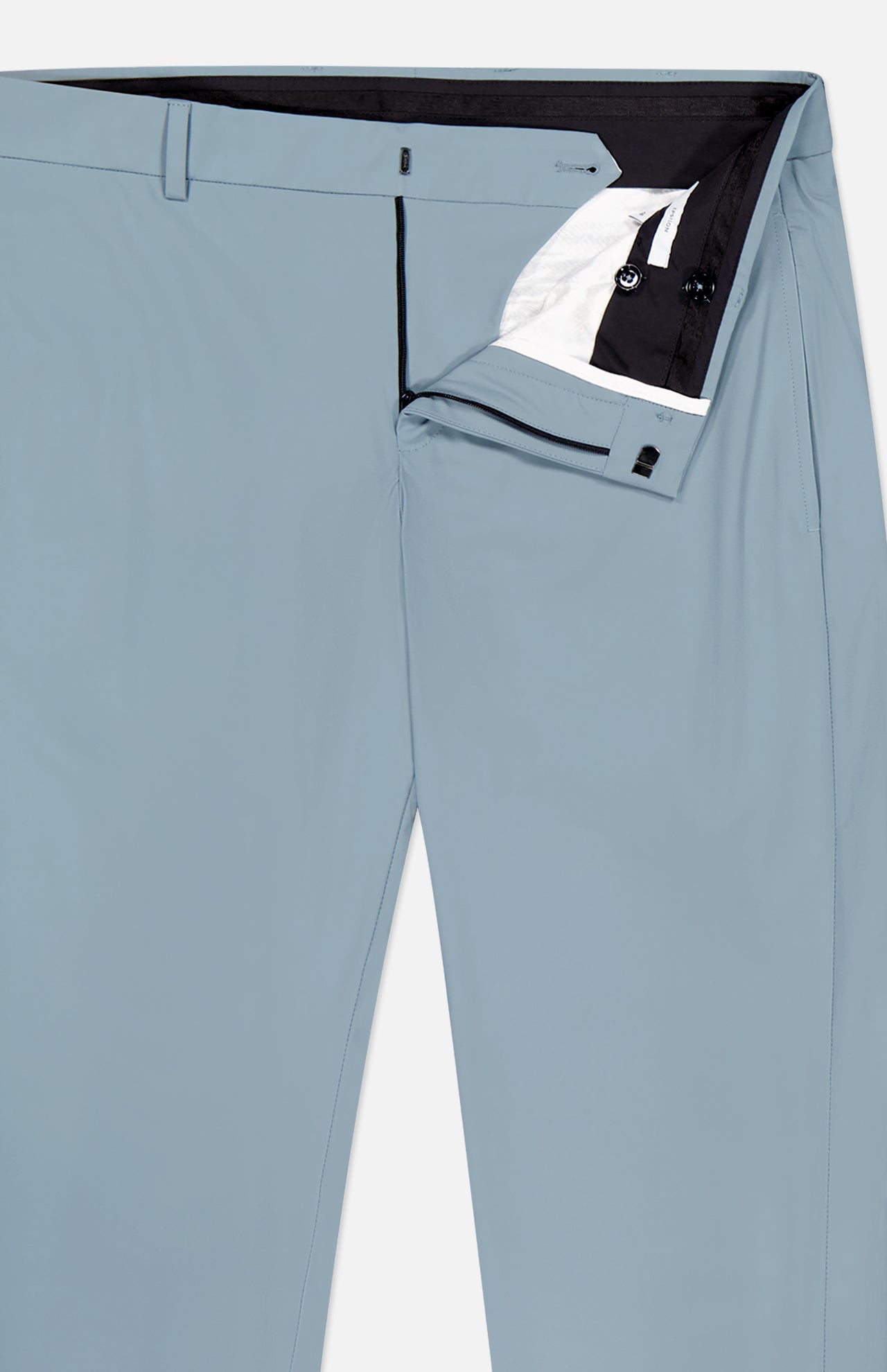 The PT TORINO Organic Kinetic Summer Trouser Pant in light blue is laid flat on a white background, showing the open waistband and fly with visible inner lining and buttons. Made from comfortable stretch kinetic fabric.