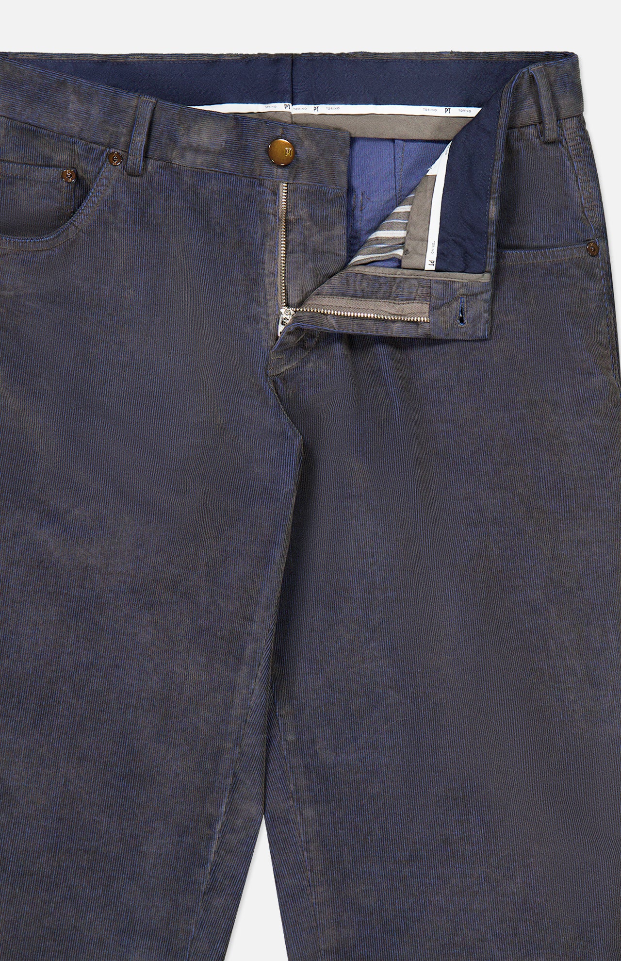 Slim Stretch Cotton Corduroy Trouser Pants by PT Torino in a slim-fit dark navy blue corduroy with a button fly.