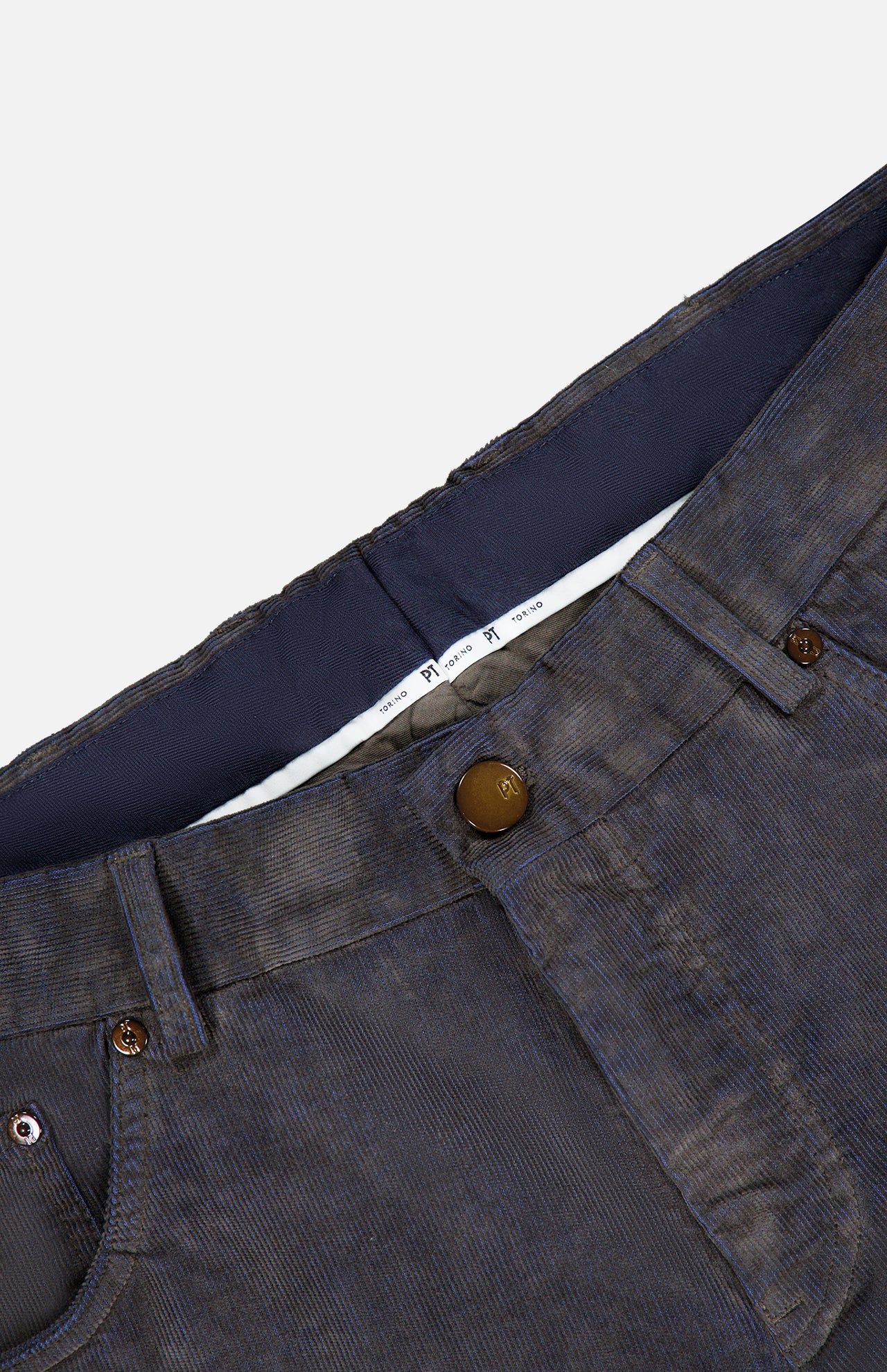 Close-up of the waistband and fly of navy Slim Stretch Cotton Corduroy Trouser Pants by PT Torino, showing the blue inner lining.