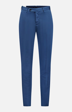 The PT TORINO Slim Flat Front Garment Dyed Trouser Pant in blue features a cotton silk blend, front button and zip closure, belt loops, and side pockets. Displayed on a plain white background.