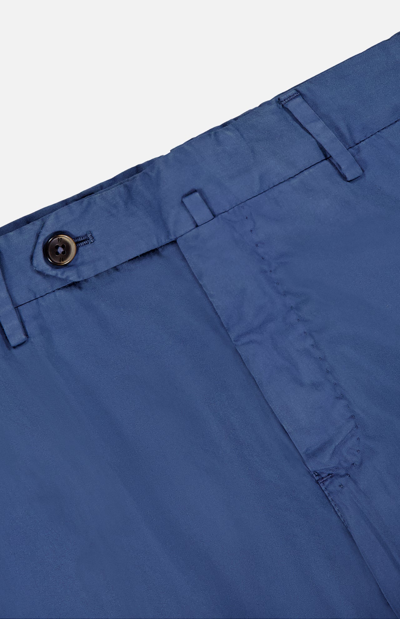 Close-up of the waistband and top of PT TORINO's Slim Flat Front Garment Dyed Trouser Pant, showcasing a button closure, belt loops, and a concealed zipper fly.