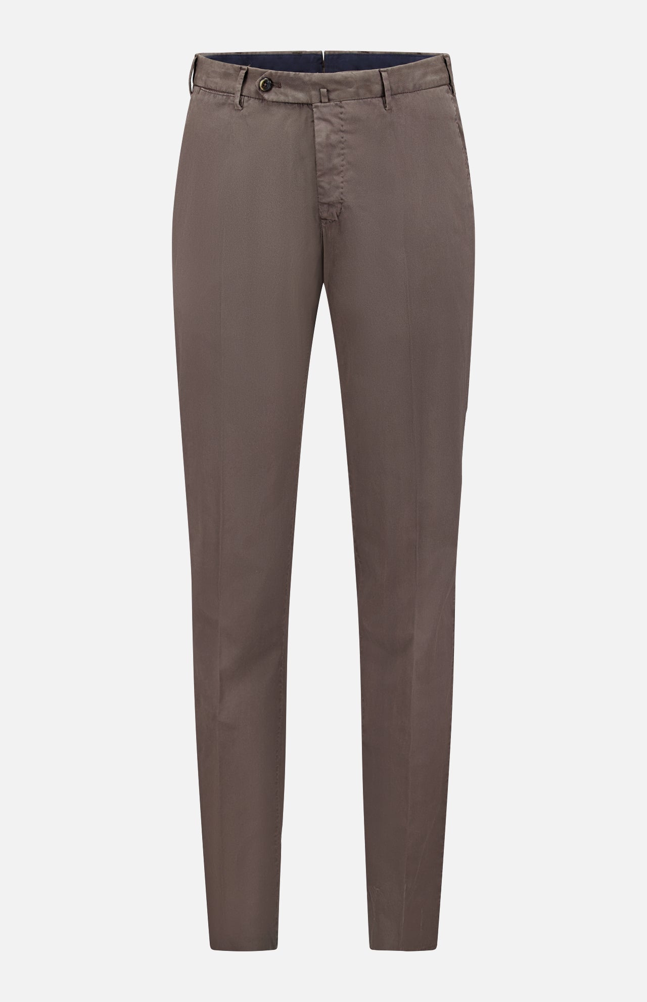 The PT TORINO Slim Flat Front Soft Fine Trouser Pant features a brown slim fit design with belt loops, button and zip closure, and side pockets—ideal for professionals. Shown against a plain white background.