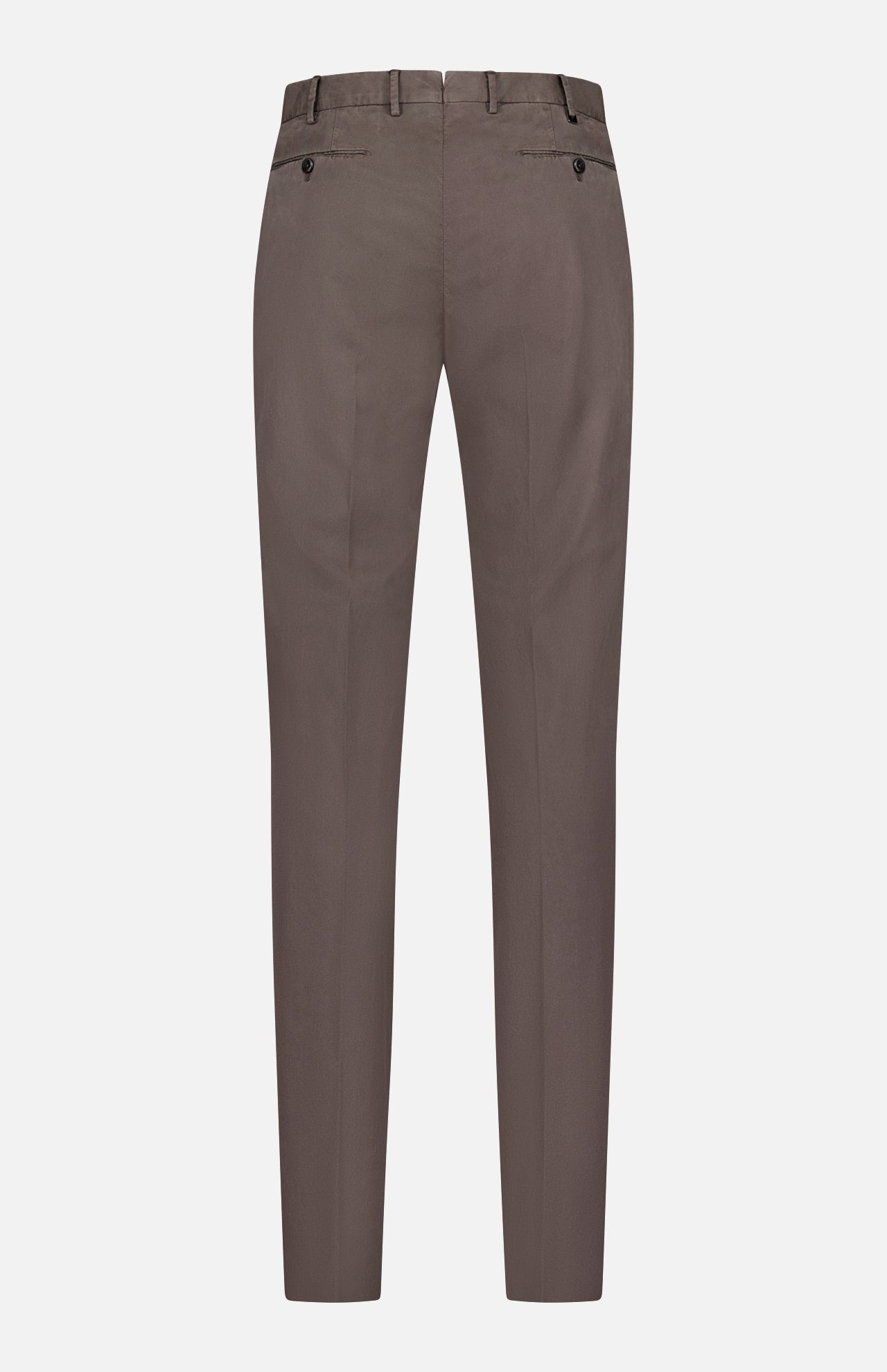The PT TORINO Slim Flat Front Soft Fine Trouser Pant is a brown, slim-fit dress pant shown from the back, featuring two buttoned back pockets, belt loops, and a design ideal for the professional man.