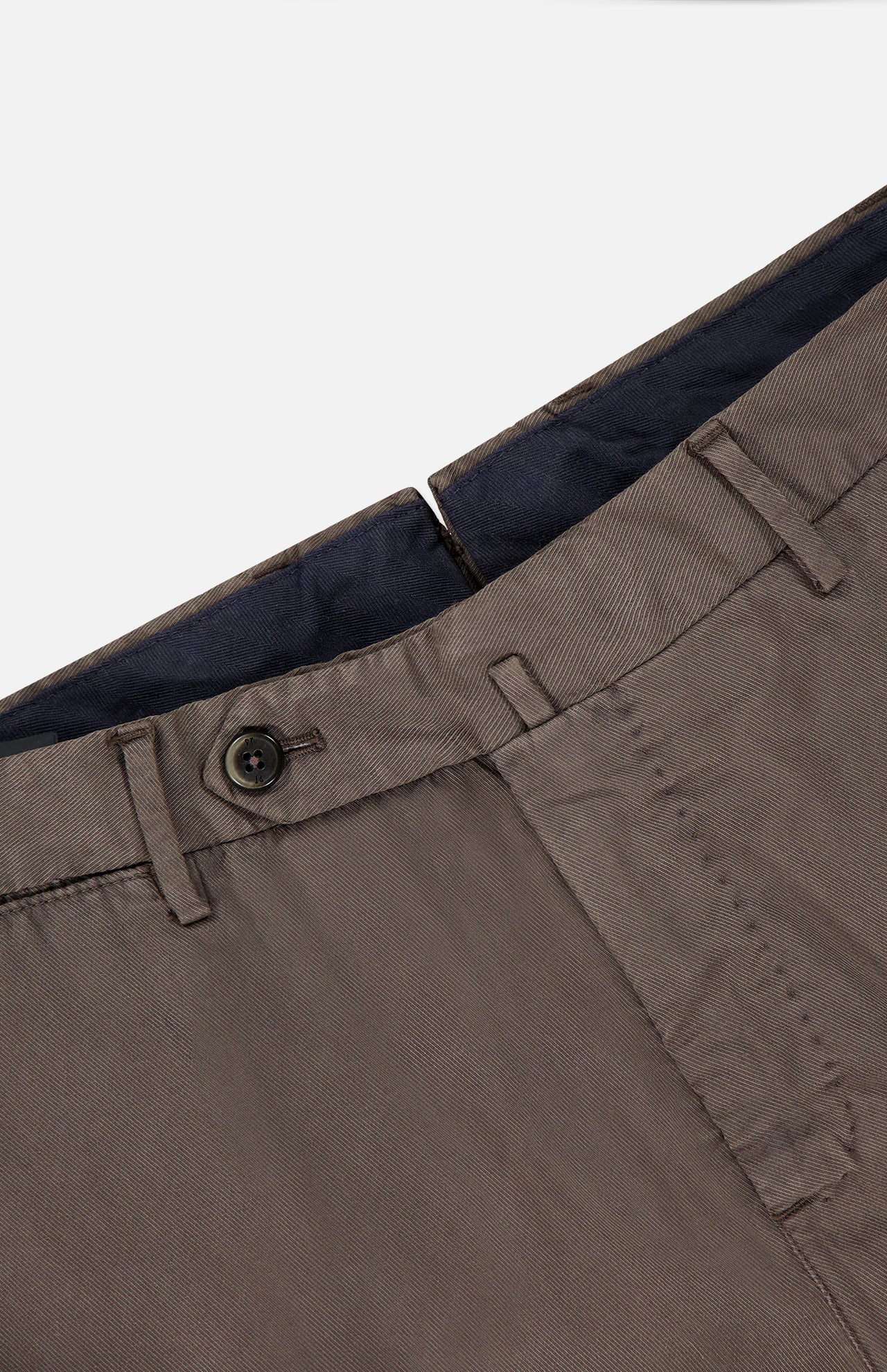 Close-up of the waistband and front of PT TORINO’s Slim Flat Front Soft Fine Trouser Pant in brown, featuring a button closure, belt loops, and visible stitching—ideal for the professional man seeking a slim fit.