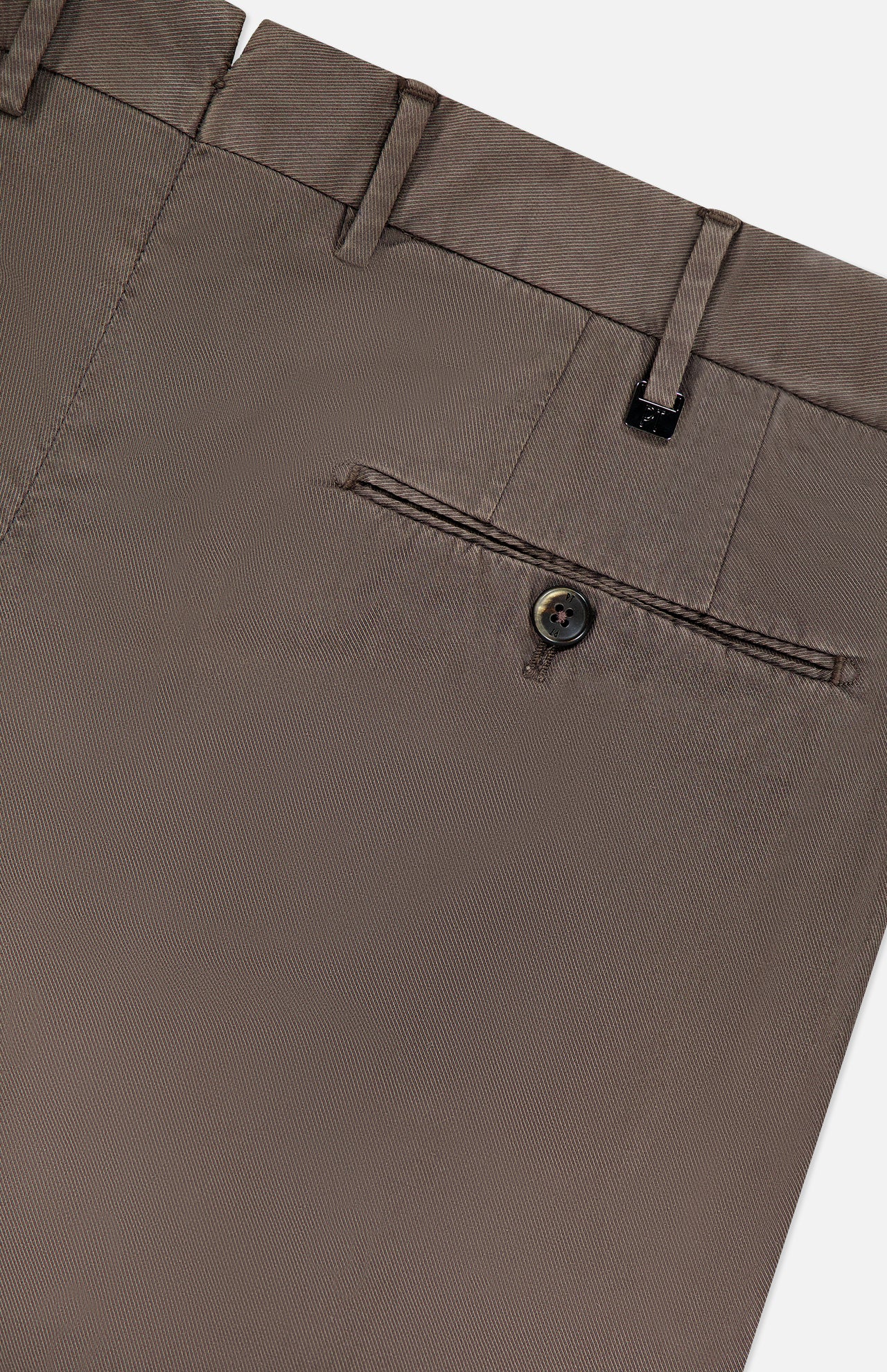 Close-up of PT TORINO Slim Flat Front Soft Fine Trouser Pant, featuring a back pocket with button, belt loops, and subtly textured slim fit fabric for the professional man.