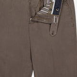 The PT TORINO Slim Flat Front Soft Fine Trouser Pant in brown features a striped inner waistband, lining, undone zipper with top button, belt loops, and a button tab closure—ideal for the professional man.