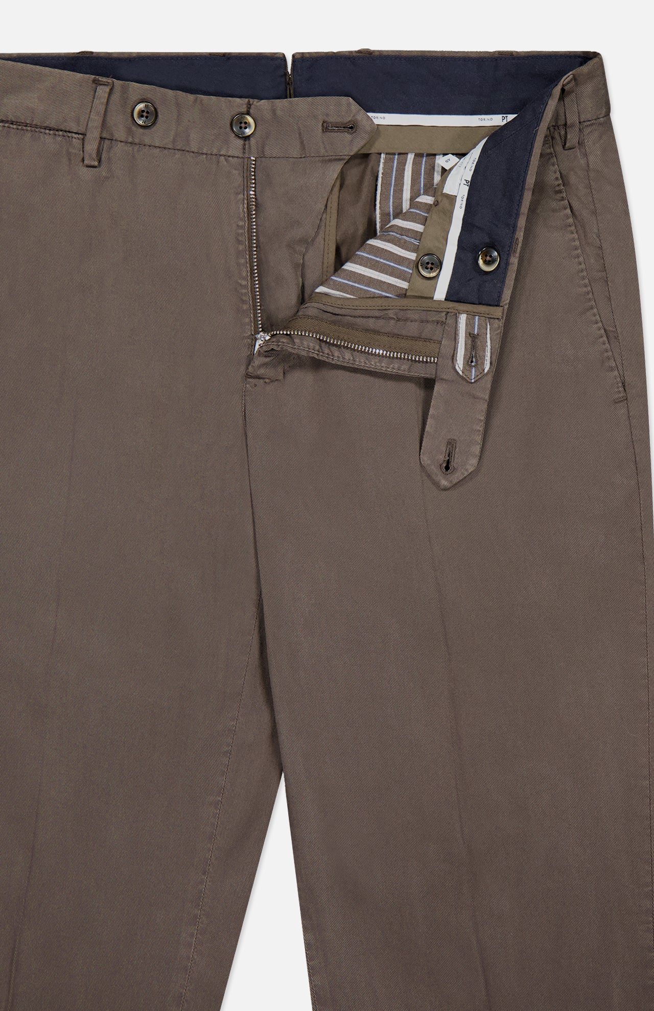 The PT TORINO Slim Flat Front Soft Fine Trouser Pant in brown features a striped inner waistband, lining, undone zipper with top button, belt loops, and a button tab closure—ideal for the professional man.