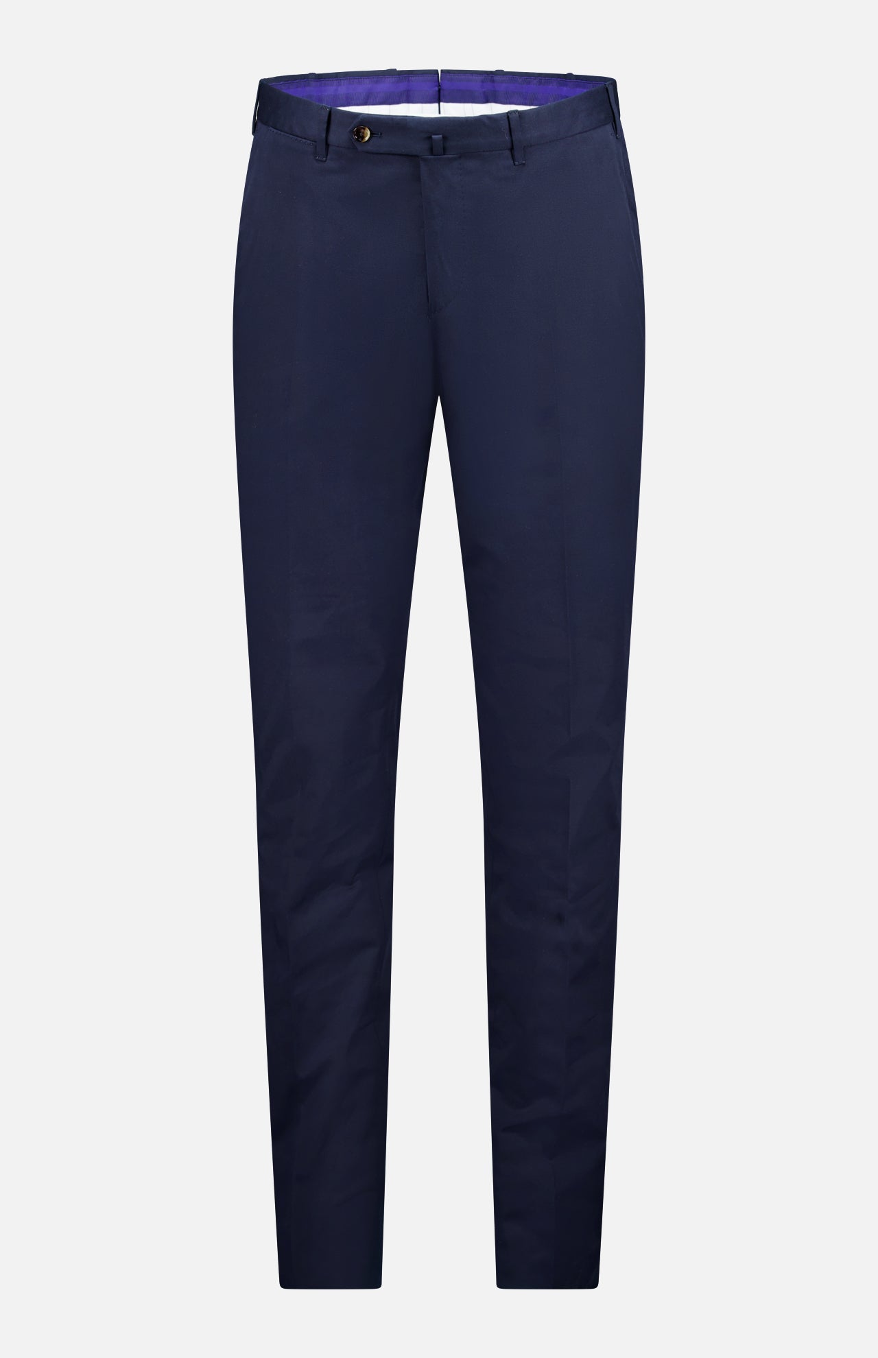 PT TORINO Slim Flat Front Stretch Fine Twill Trouser Pant in navy, featuring a slim fit, button and zipper closure, belt loops, and modern design crafted from comfy cotton-blend fabric. Shown on a white background.