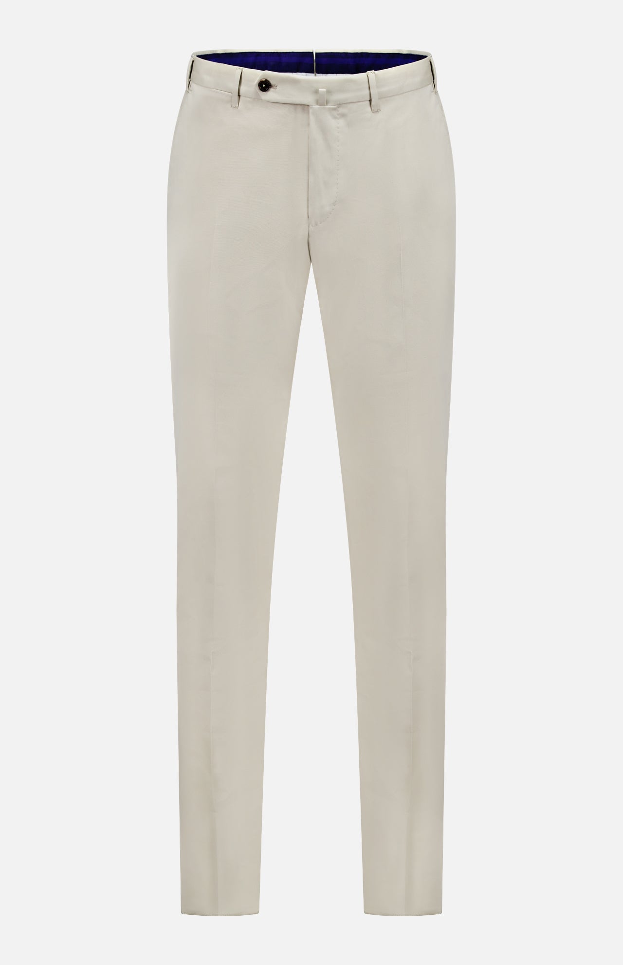 The PT TORINO Slim Flat Front Stretch Fine Twill Trouser Pant, in off-white cotton-blend with side pockets, front button and zip closure, and belt loops, is displayed against a white background.